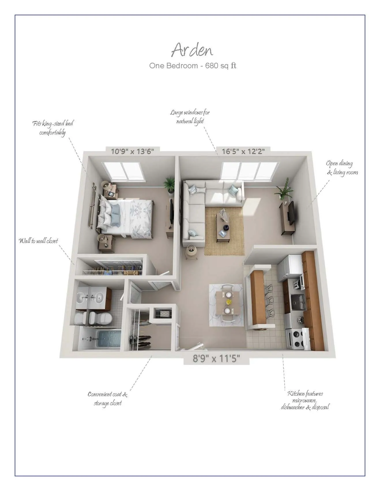 Arden\'s elegant one-bedroom floor plan, 680 sq ft, featuring a spacious living room, cozy bedroom with large windows for natural light, open dining area, and a modern kitchen with amenities.