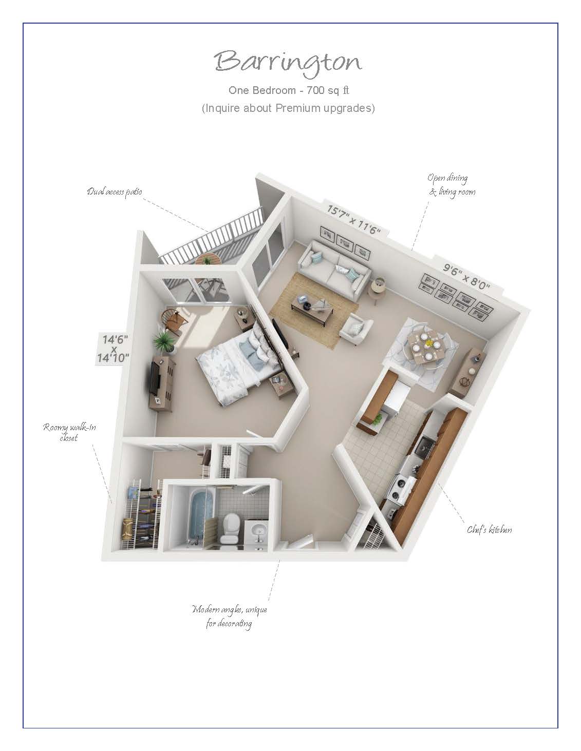 Elegant Barrington floor plan featuring 1 bedroom, spacious dual-access patio, chef\'s kitchen, and open dining and living area in 700 sq ft.