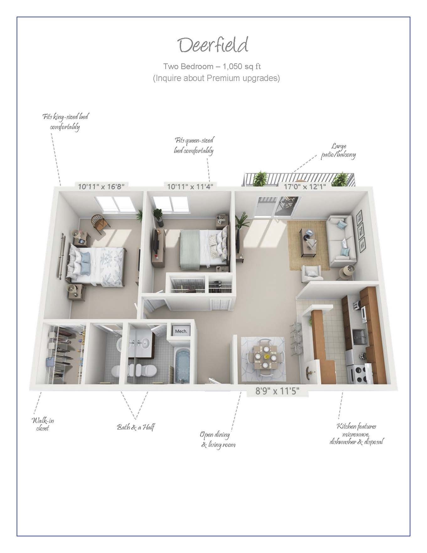 Deerfield floor plan showcases a spacious 1,050 sq ft layout with two bedrooms, including a king-sized and queen-sized room. Features a bath and a half, walk-in closet, open dining and living area, large patio balcony, and a modern kitchen equipped with a microwave, dishwasher, and disposal.
