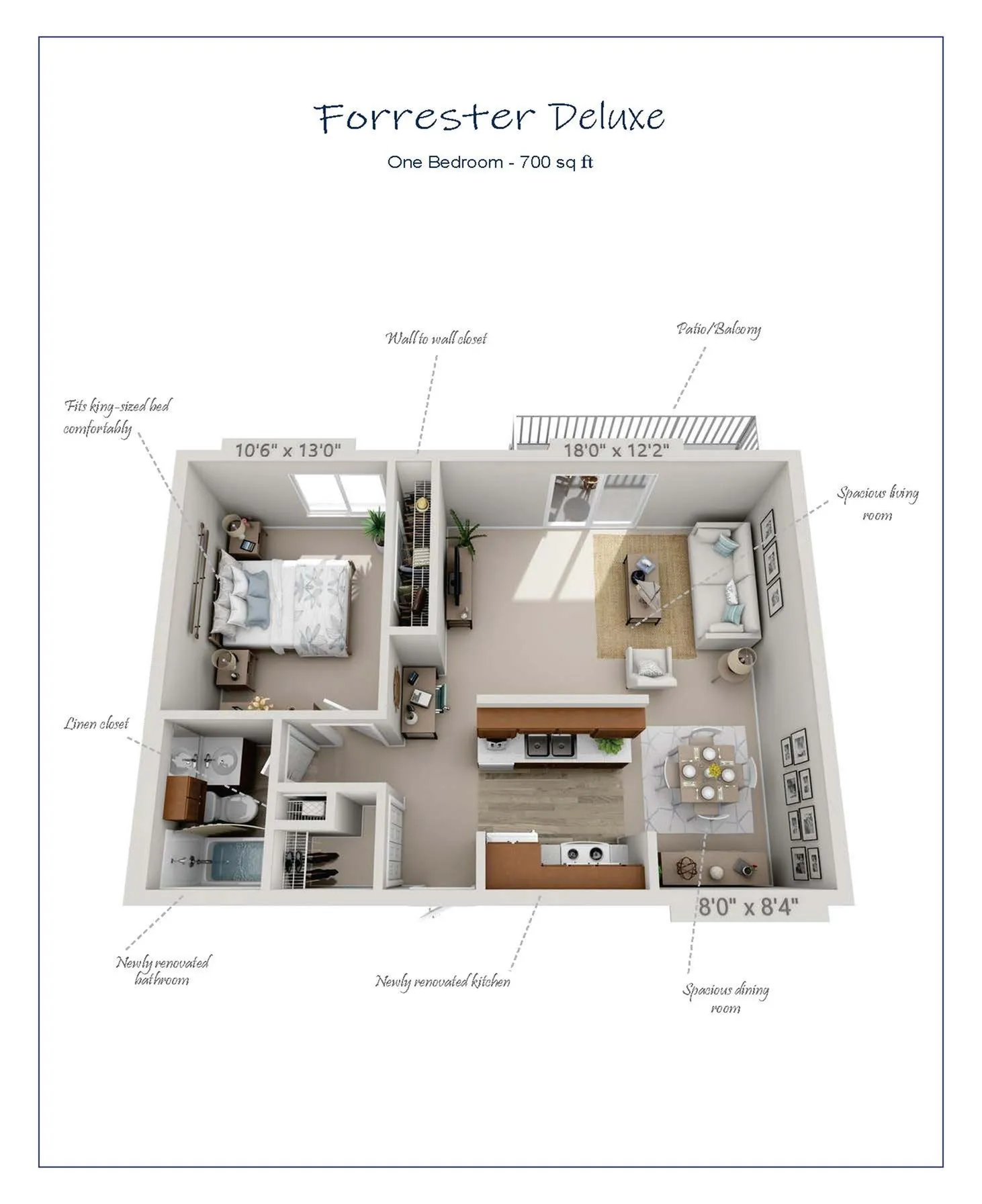 Forrester Deluxe 3D floor plan featuring one bedroom, spacious living room, newly renovated kitchen, and bathroom in 700 sq ft. Includes a patio and dining area.
