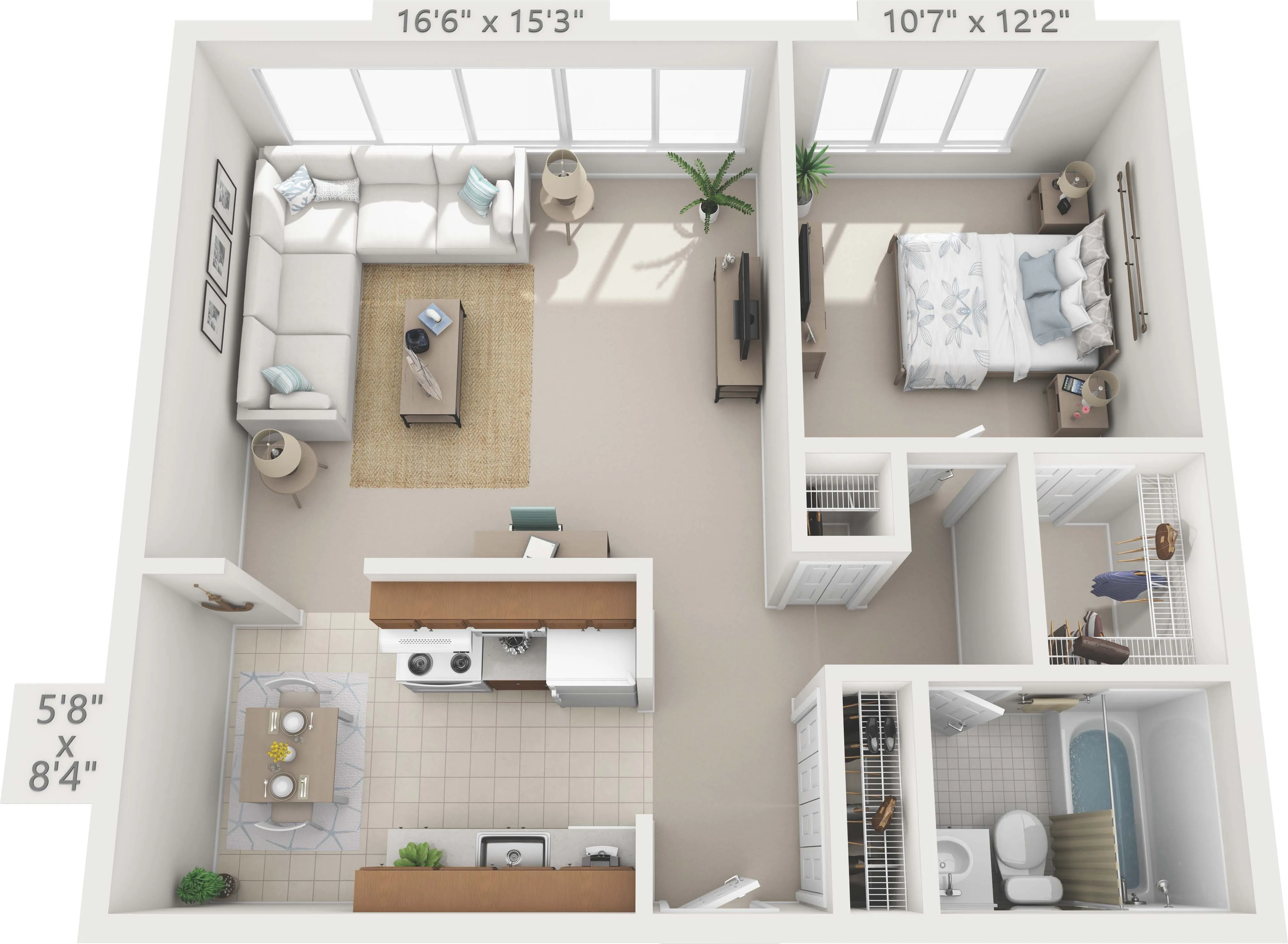 Modern 1-bedroom apartment floor plan with open-concept living and dining area, efficient kitchen layout, cozy bedroom, and sleek bathroom design.