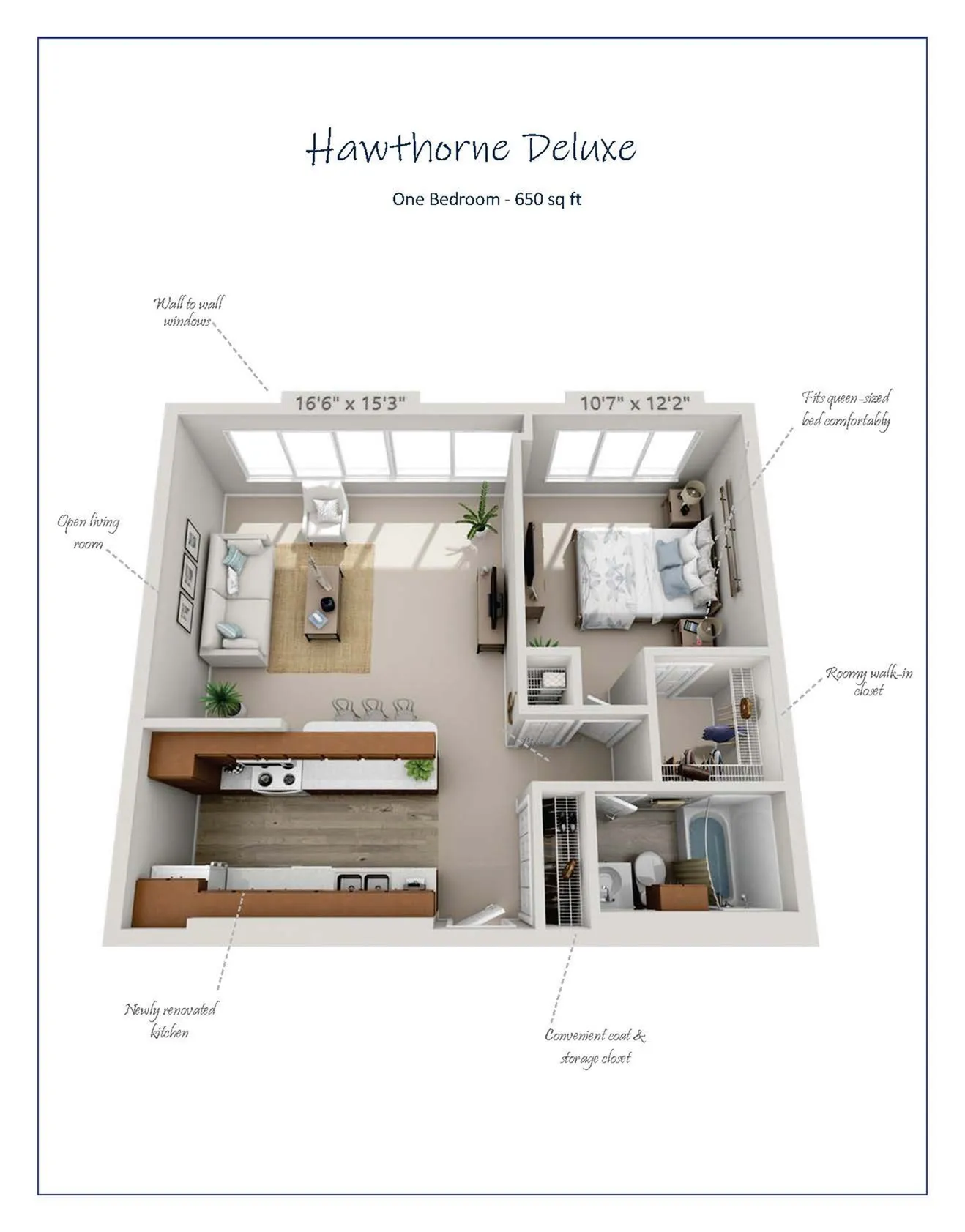 Hawthorne Deluxe one-bedroom floor plan with 650 sq ft, featuring an open living room, newly renovated kitchen, and spacious queen-size bedroom with walk-in closet.