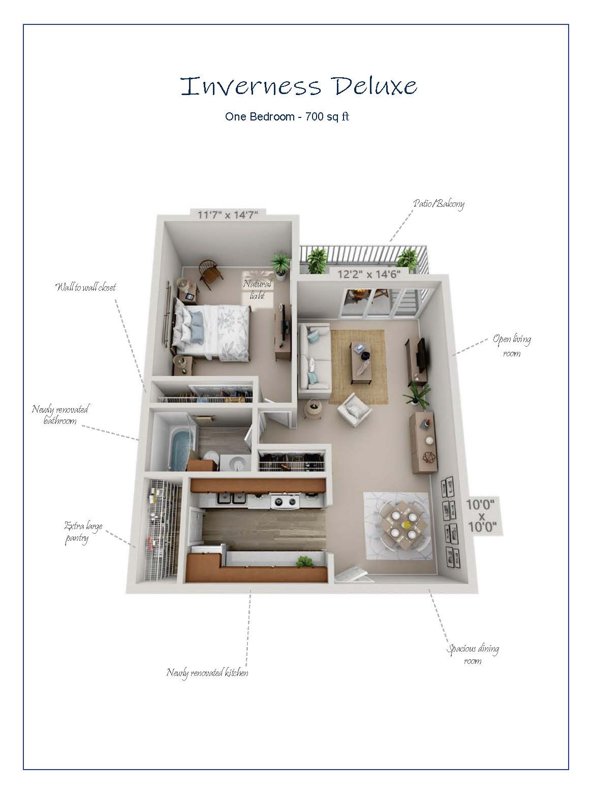 Inverness Deluxe floor plan with one bedroom, newly renovated kitchen and bathroom, open living room, and a spacious balcony, covering 700 sq ft.