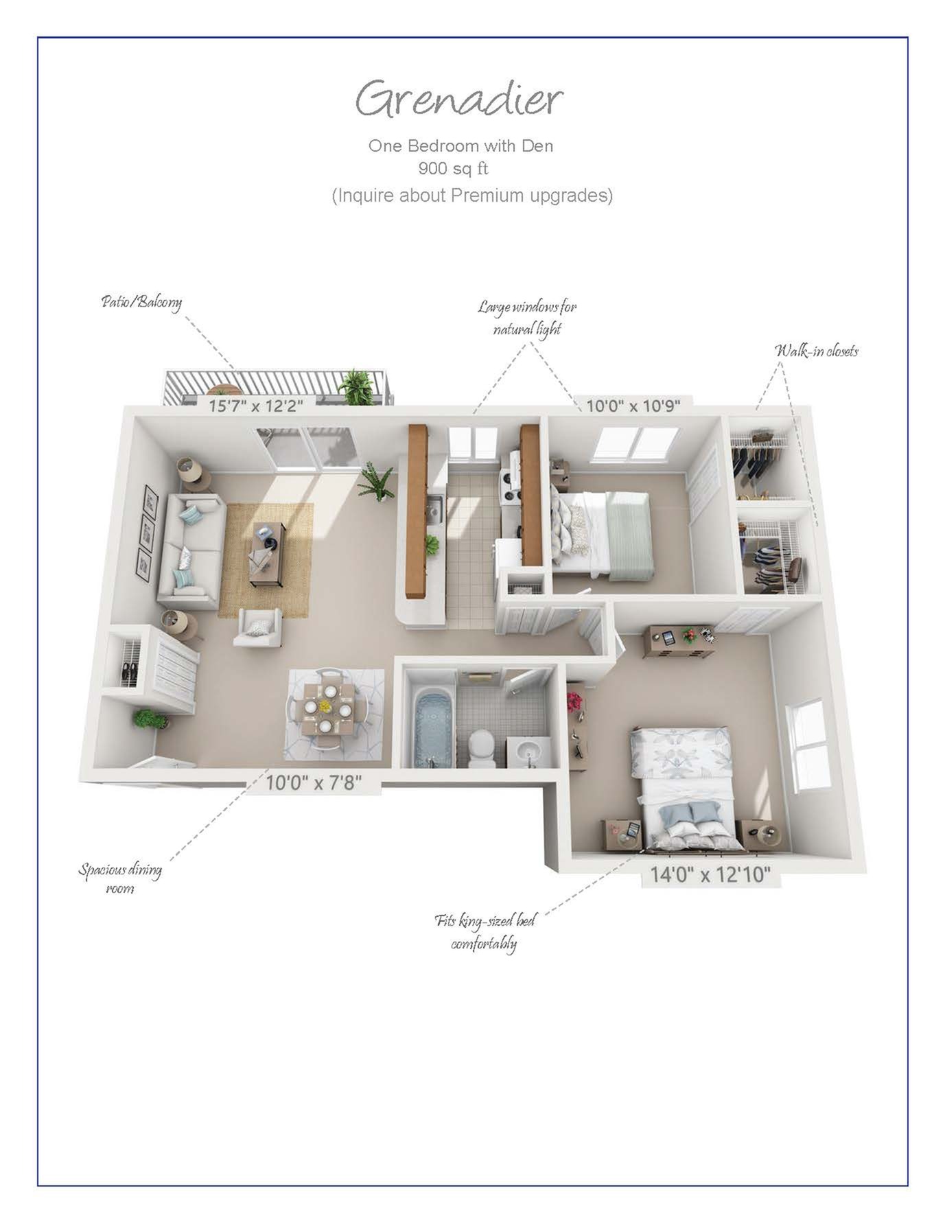 Grenadier floor plan showcasing 1 bedroom with den, spacious living area, modern kitchen, and a private patio in 900 sq ft. Features large windows and walk-in closets.