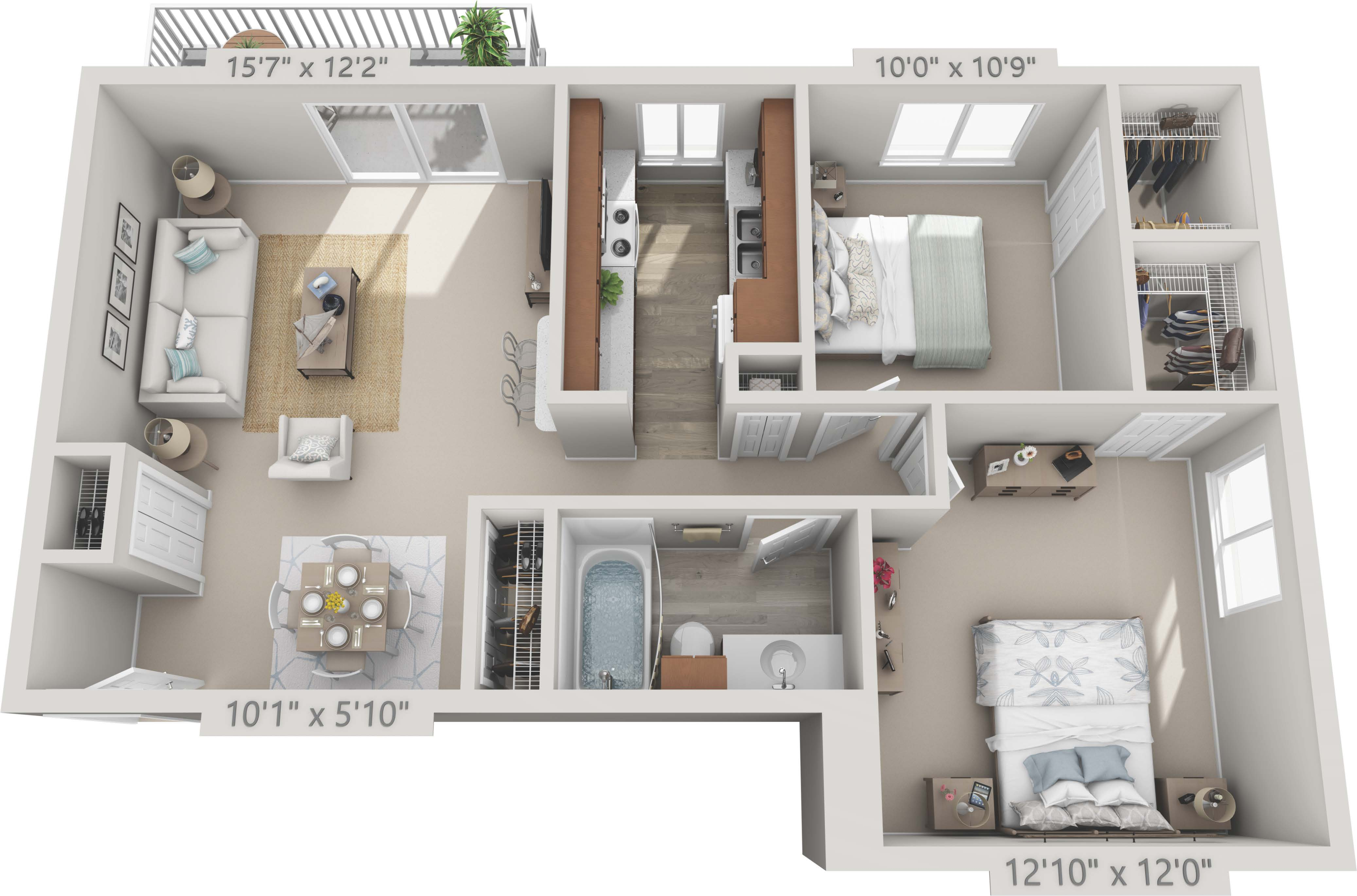 Inviting 3D floor plan showcasing two bedrooms, a modern kitchen, and cozy living area with balcony access.