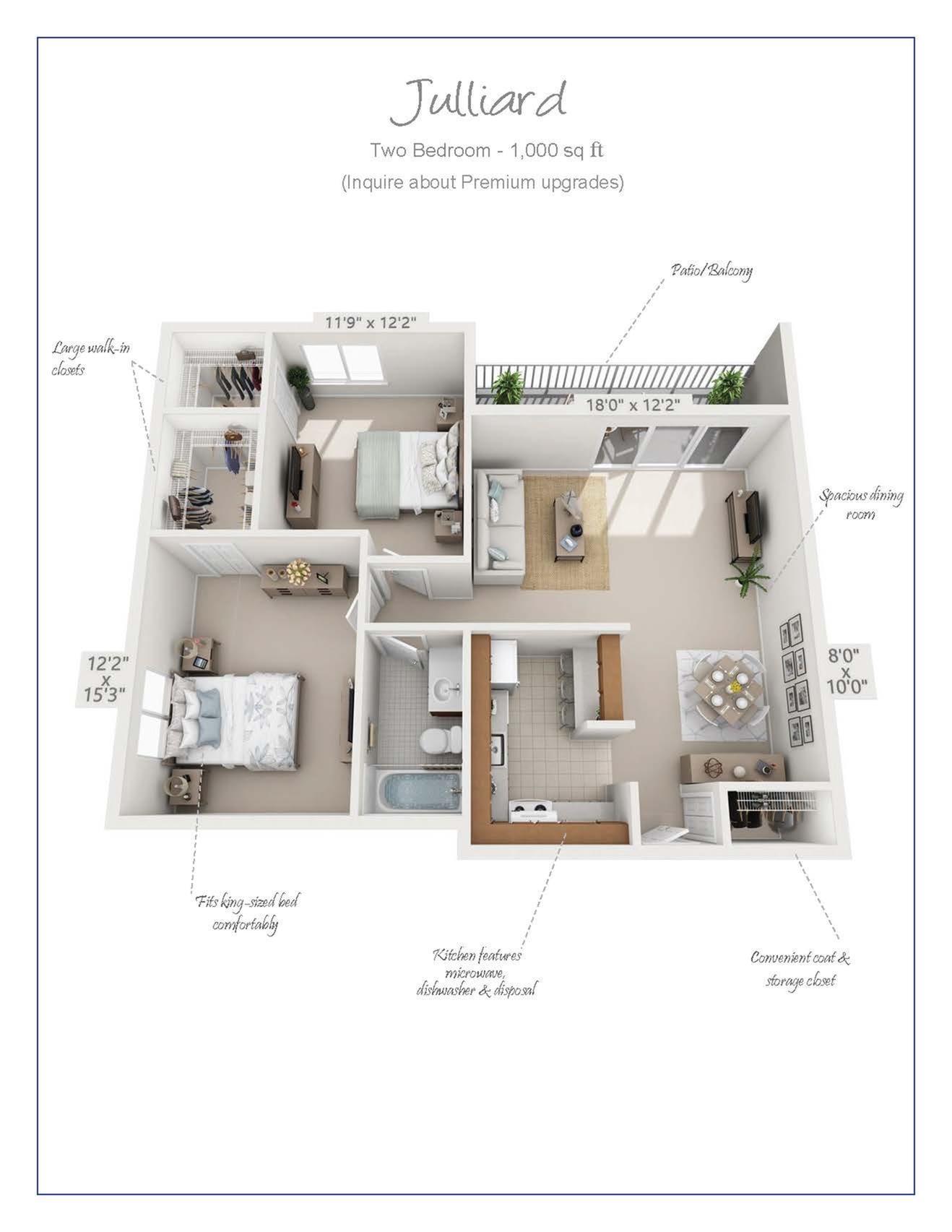 Elegant Julliard floor plan showcasing a spacious 1,000 sq ft layout with 2 bedrooms, large walk-in closets, modern kitchen, and a cozy patio/balcony.
