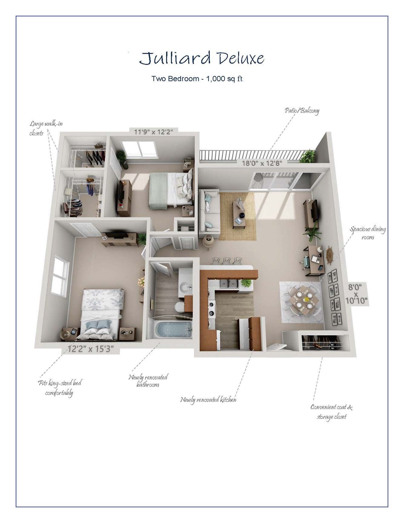 Julliard Deluxe floor plan featuring two spacious bedrooms, a newly renovated kitchen, stylish living area, and a patio. Includes large walk-in closets and fits a king-sized bed comfortably, 1000 sq ft.