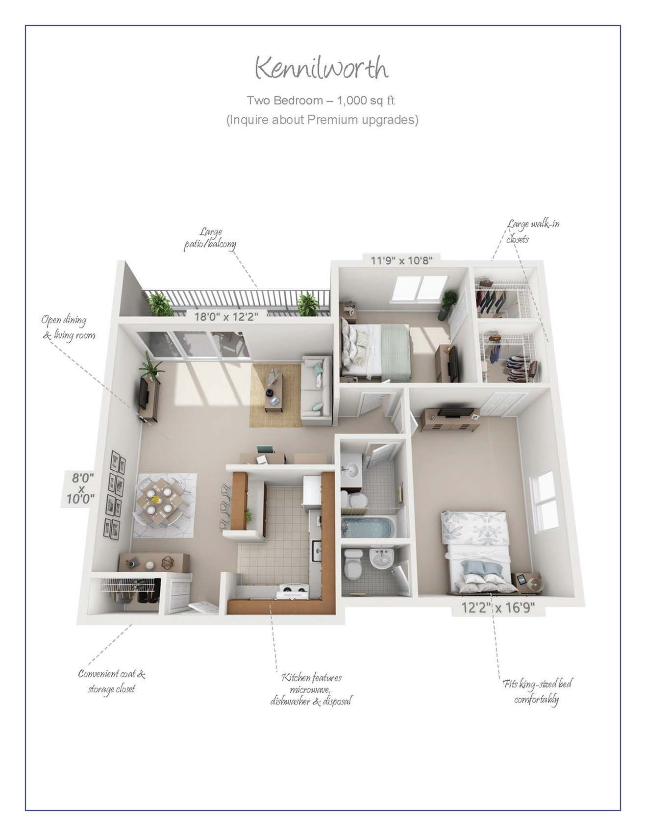 Kennilworth floor plan showcasing a spacious two-bedroom, 1,000 sq ft area with modern kitchen, open-concept dining and living room, and a large balcony. Features include a king-size master bedroom, walk-in closets, and premium upgrades.