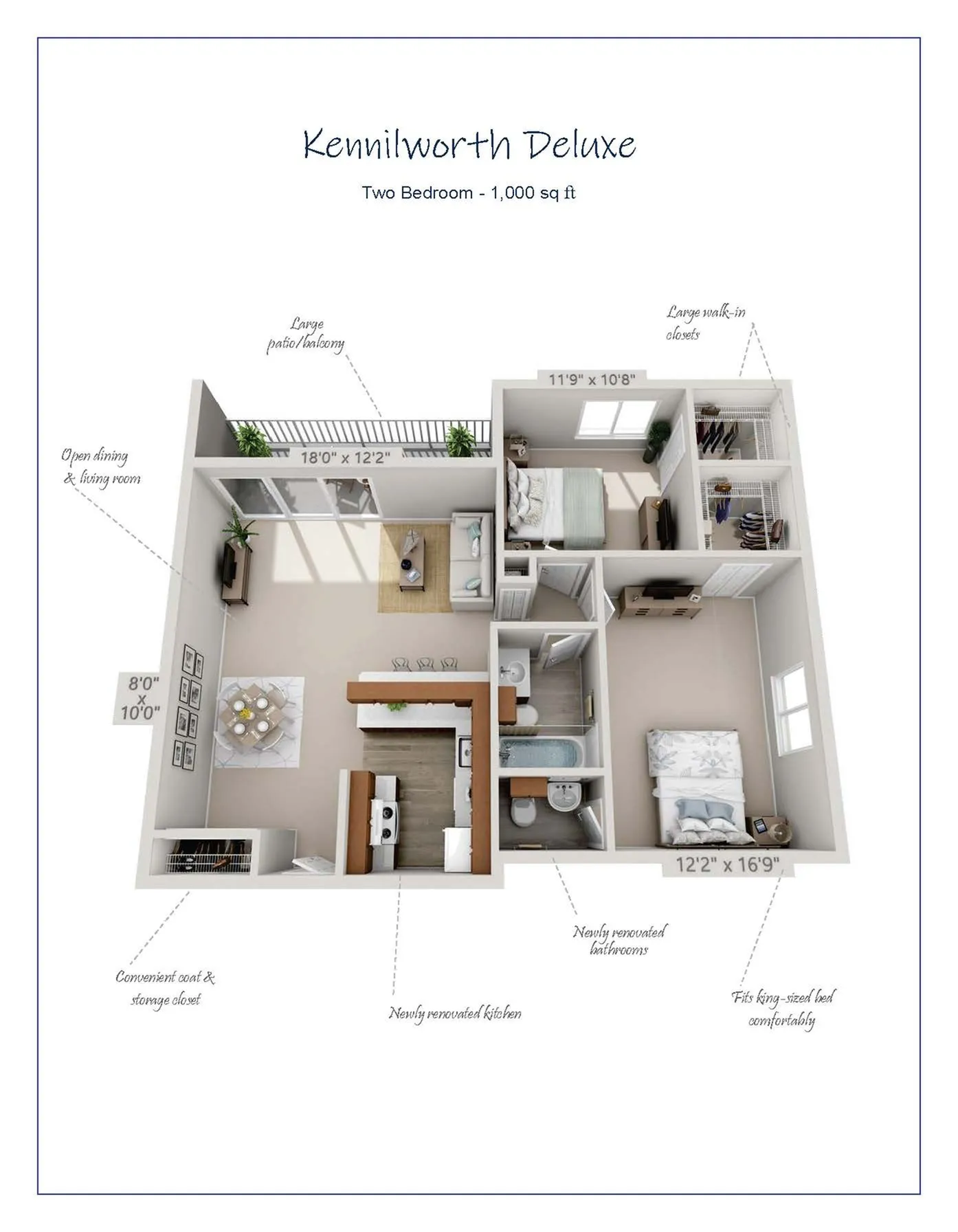 Kenilworth Deluxe floor plan showcasing a spacious 1000 sq ft layout with two bedrooms, open dining and living room, newly renovated kitchen and bathrooms, large walk-in closets, and a sizable patio balcony.