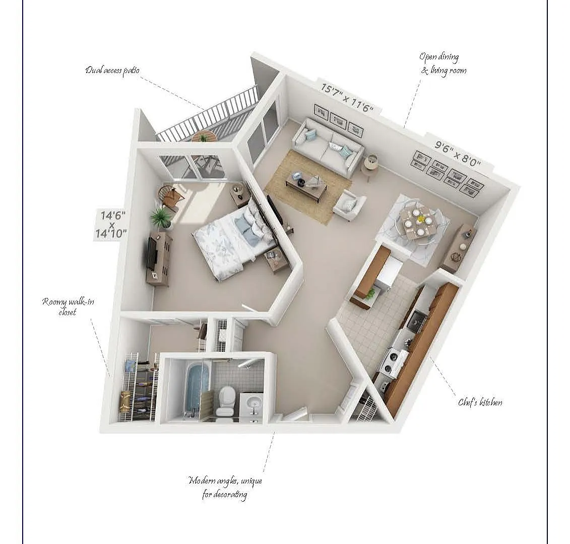 Barrington 3D floor plan featuring one bedroom, open dining and living room, chef&rsquo;s kitchen, dual access patio, and roomy walk-in closet in 700 sq ft.