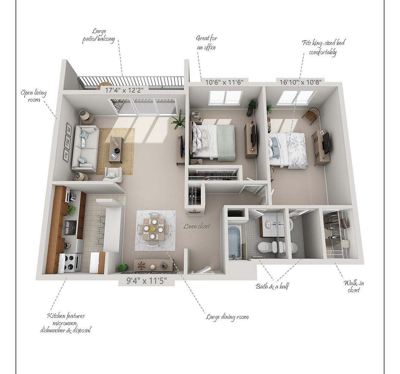 Colony floor plan showcasing a spacious 1,050 sq ft layout with two bedrooms, large patio balcony, open living room, modern kitchen with appliances, and a versatile office space.