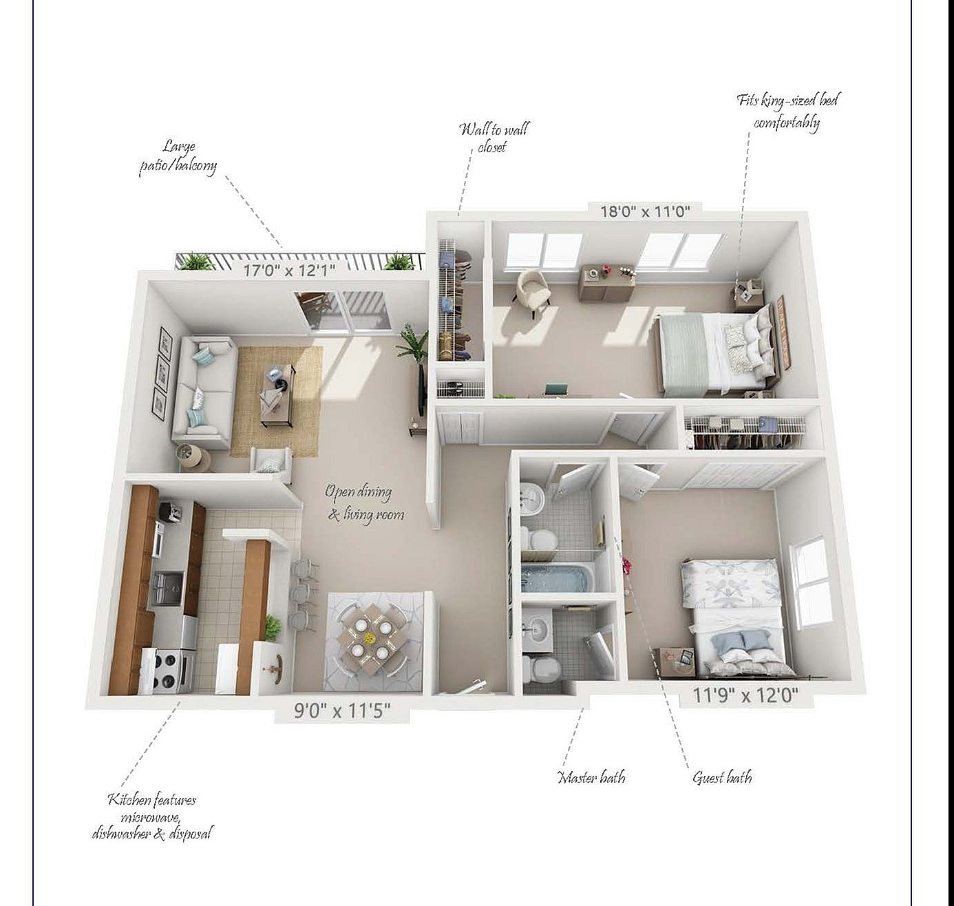 Essex two-bedroom floor plan, 1075 sq ft, featuring open dining and living room, spacious kitchen with modern appliances, large patio, master and guest baths, and king-sized master bedroom.
