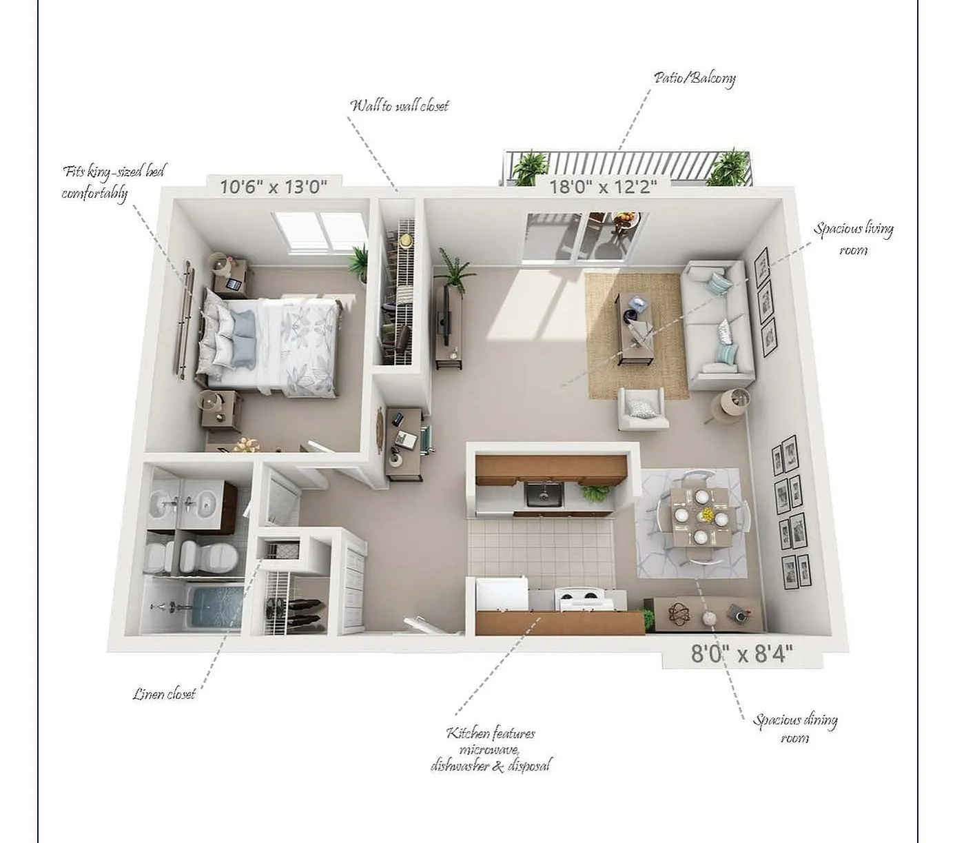 Forrester one-bedroom apartment floor plan, 700 sq ft, featuring a king-size bedroom, spacious living and dining area, modern kitchen with microwave and dishwasher, and a patio/balcony.