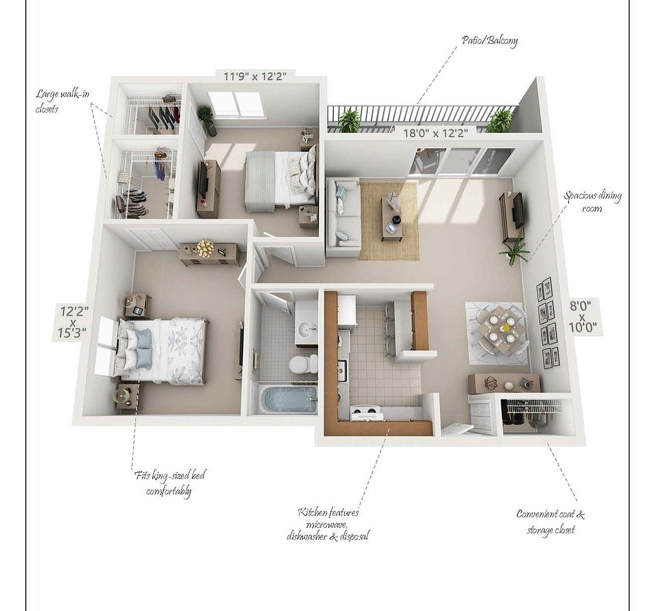Elegant Julliard floor plan with 2 bedrooms, spacious living area, and a modern kitchen, highlighted by a large walk-in closet and a private patio, 1,000 sq ft.