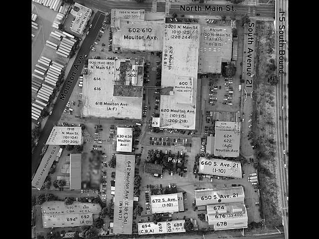 Aerial view of the Brewery Artist Lofts complex showing addresses