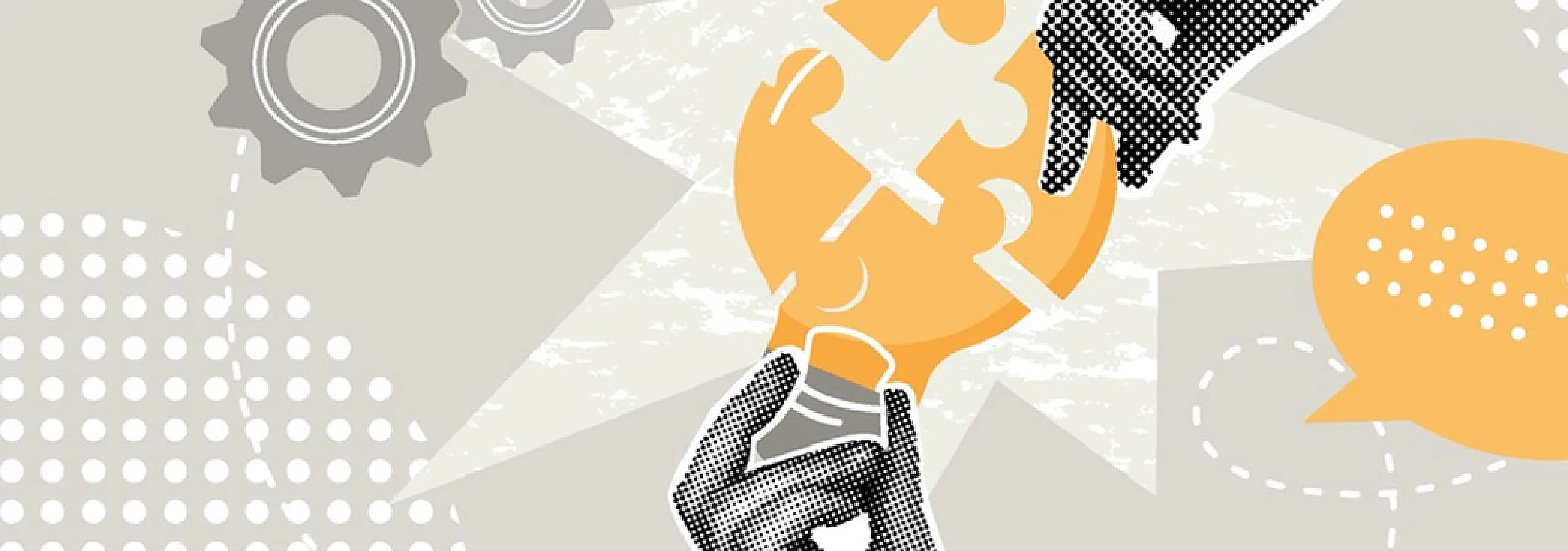 Creative illustration of diverse hands collaboratively assembling a yellow puzzle piece, symbolizing teamwork and innovation. Gears and speech bubbles enhance the dynamic composition.