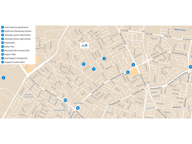 Map showcasing key locations in Jennings, including schools, eateries, and amenities.