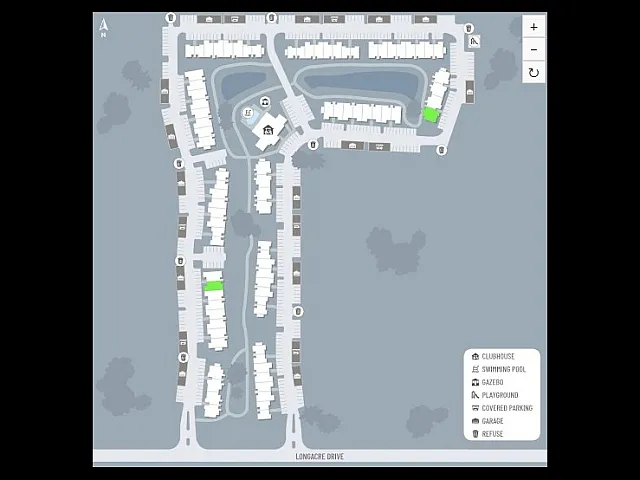 Expansive apartment complex map featuring clubhouse, swimming pool, gazebo, and playground, surrounded by lush landscaping on Longacre Drive.