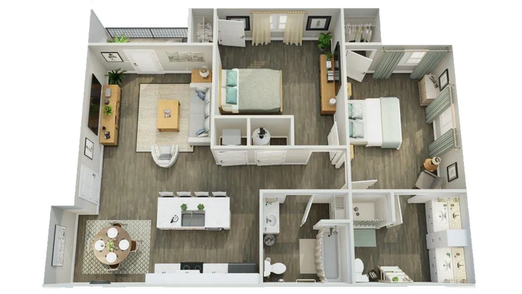 3D floor plan featuring two bedrooms, open living room, modern kitchen, and two bathrooms with contemporary design.