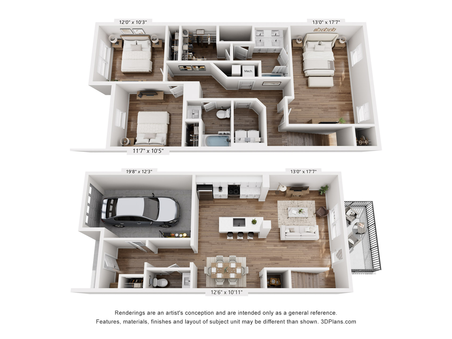 3D floor plan featuring 3 bedrooms, spacious open-concept living and dining area, modern kitchen, attached garage, and balcony.