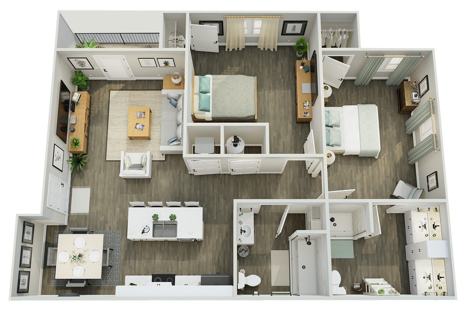 Modern 3D floor plan showcasing 2 bedrooms, an elegant open-concept living and dining area, and a sleek kitchen with an island. Features include two luxurious bathrooms and stylish interior decor.