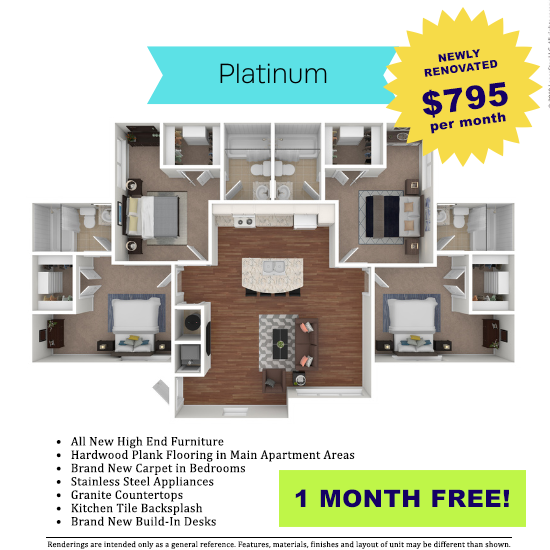 Platinum apartment floor plan showcasing newly renovated, stylish layout with 3 bedrooms, 2 bathrooms, central living area, and gourmet kitchen. Features include all new high-end furniture and hardwood plank flooring. Affordable luxury at $795 per month, with 1 month free offer.