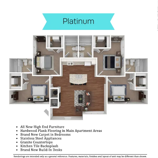 Elegant Platinum floor plan featuring 4 bedrooms and 4 bathrooms, open-concept living space with premium hardwood plank flooring, and a modern kitchen with stainless steel appliances and granite countertops.