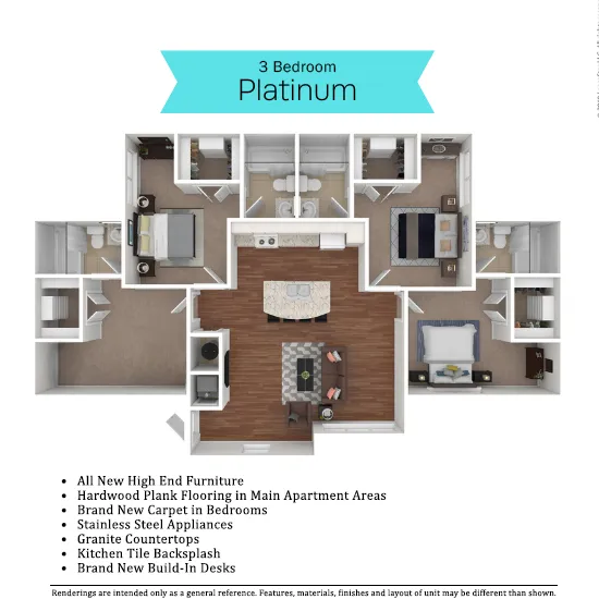 Elegant 3-bedroom Platinum floor plan featuring an open-concept kitchen and living area, modern stainless steel appliances, hardwood plank flooring, and luxurious carpeting in bedrooms.