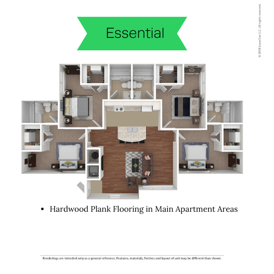 Essential floor plan showcasing 3 bedrooms, open dining area with hardwood plank flooring, and a modern kitchen layout.