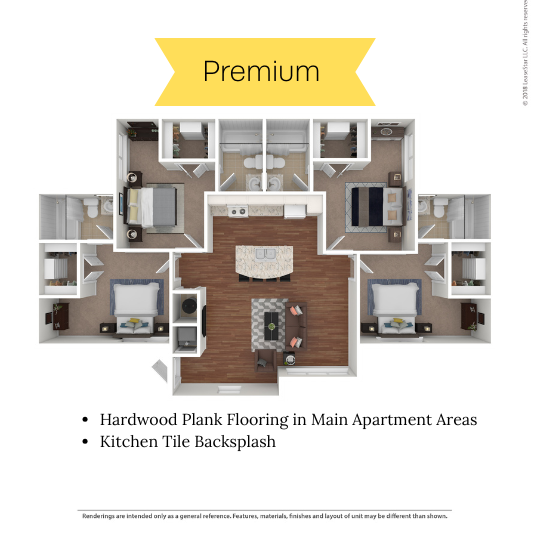 Premium floor plan showcasing spacious living area, three bedrooms, and modern kitchen with hardwood plank flooring and tile backsplash.