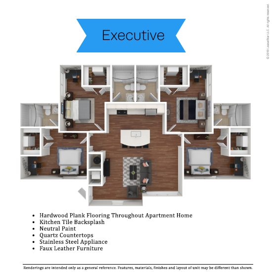 Executive floor plan showcasing three bedrooms, expansive living area, and modern kitchen; includes hardwood plank flooring, quartz countertops, and stainless steel appliances.