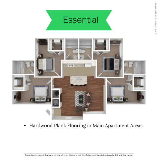 Essential floor plan showcasing a modern 3-bedroom layout with a central open kitchen and hardwood plank flooring.