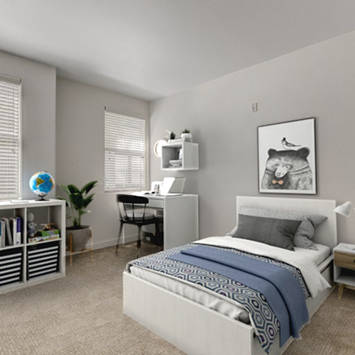 Bright and inviting bedroom with modern decor, cozy workspace, and large windows for natural light.