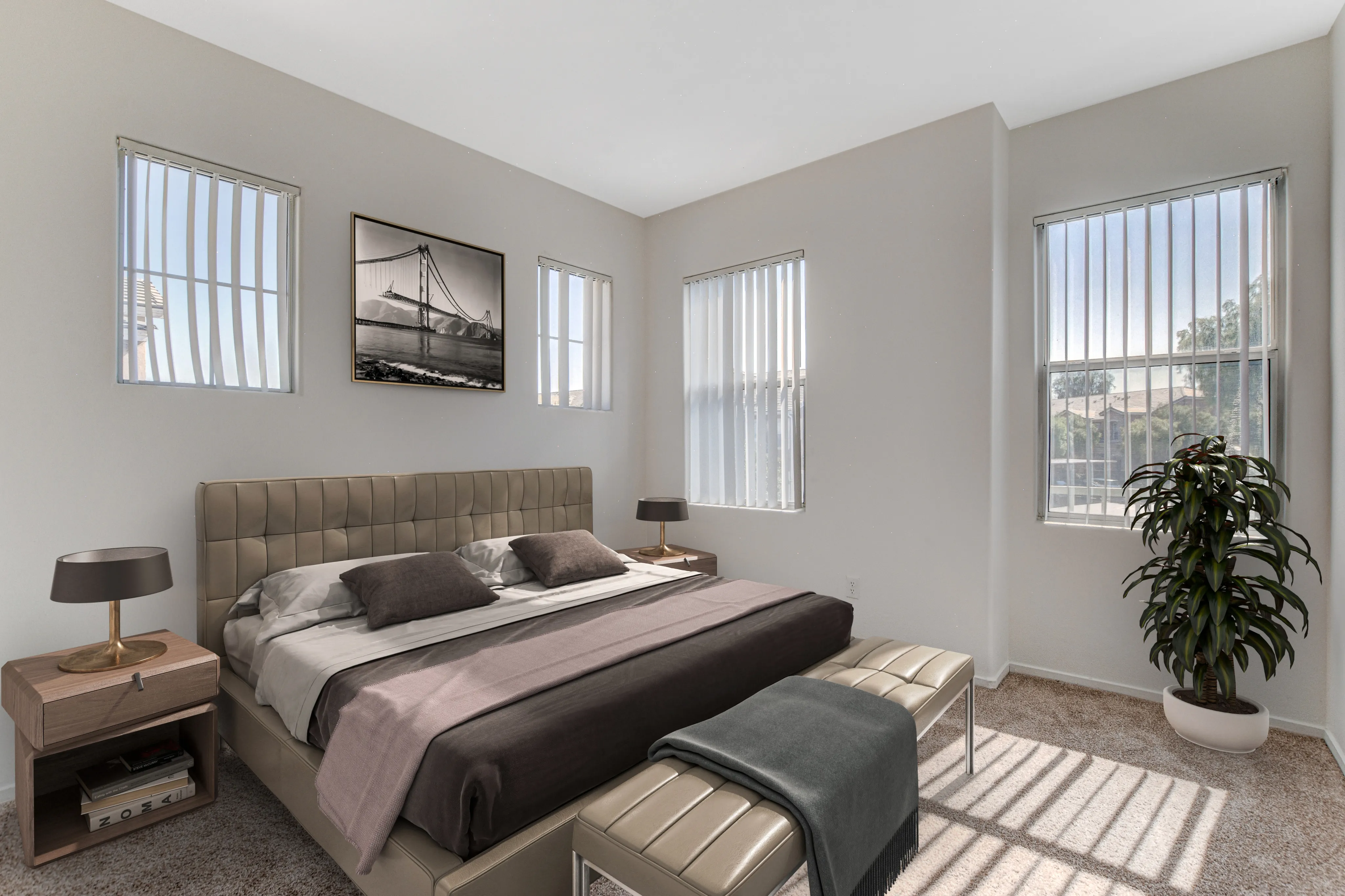 Elegant bedroom with large windows, modern decor, and plush bedding, offering a serene and inviting atmosphere.
