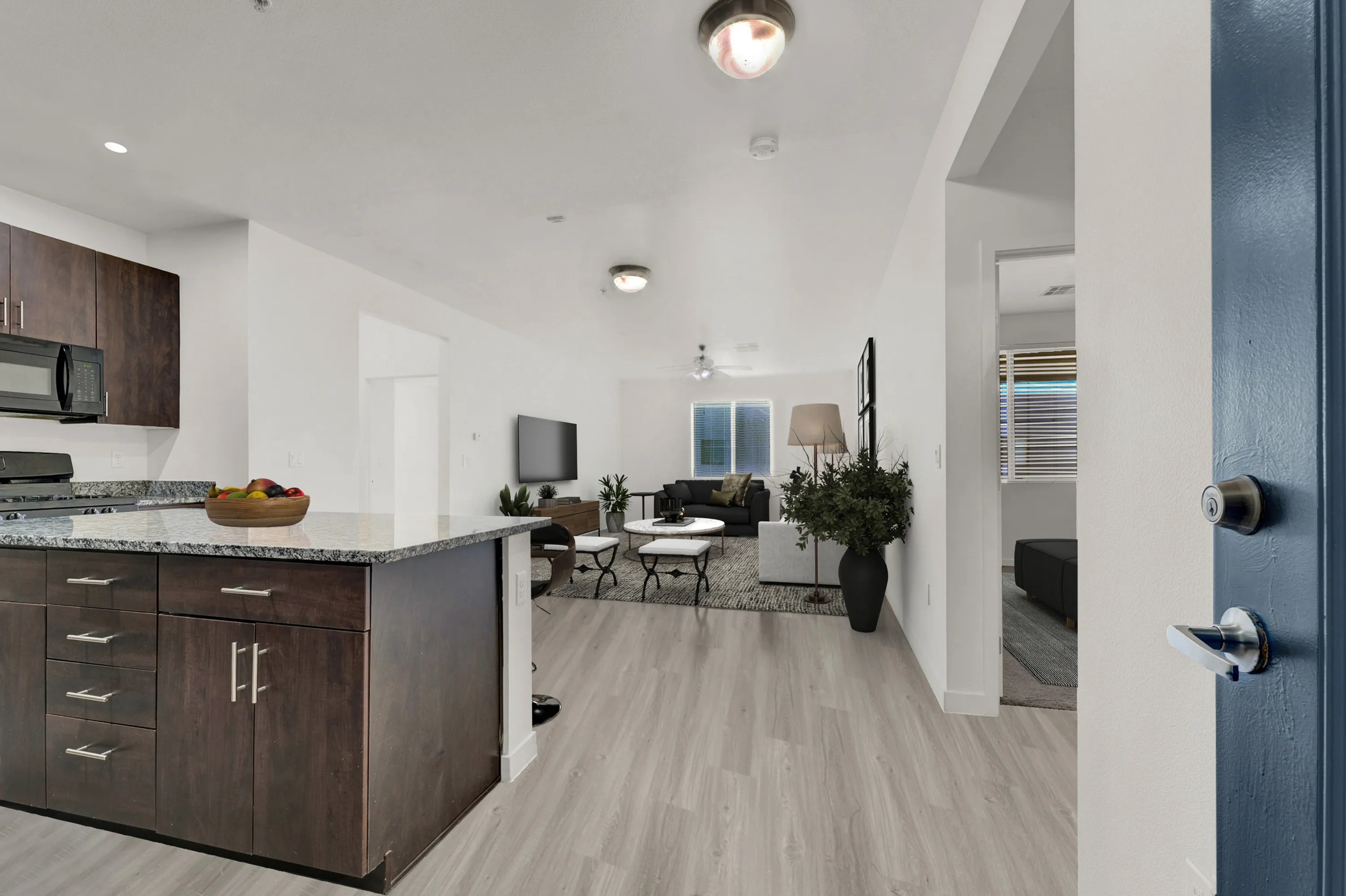 Inviting open-concept apartment with a modern kitchen, stylish living area, and warm natural lighting.