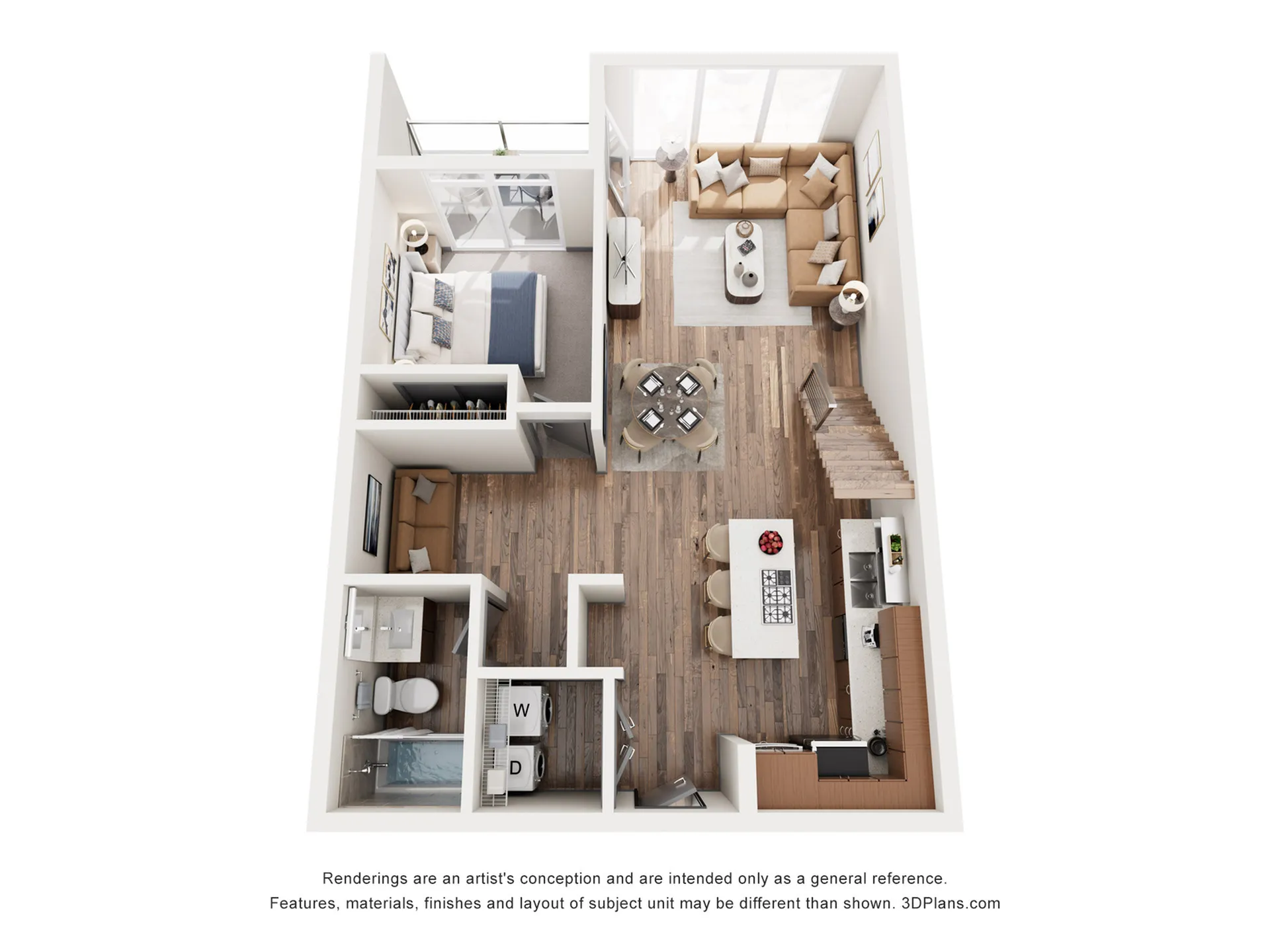 Modern 3D floor plan showcasing a cozy apartment with a bedroom, spacious living area, contemporary kitchen, and elegant dining space.
