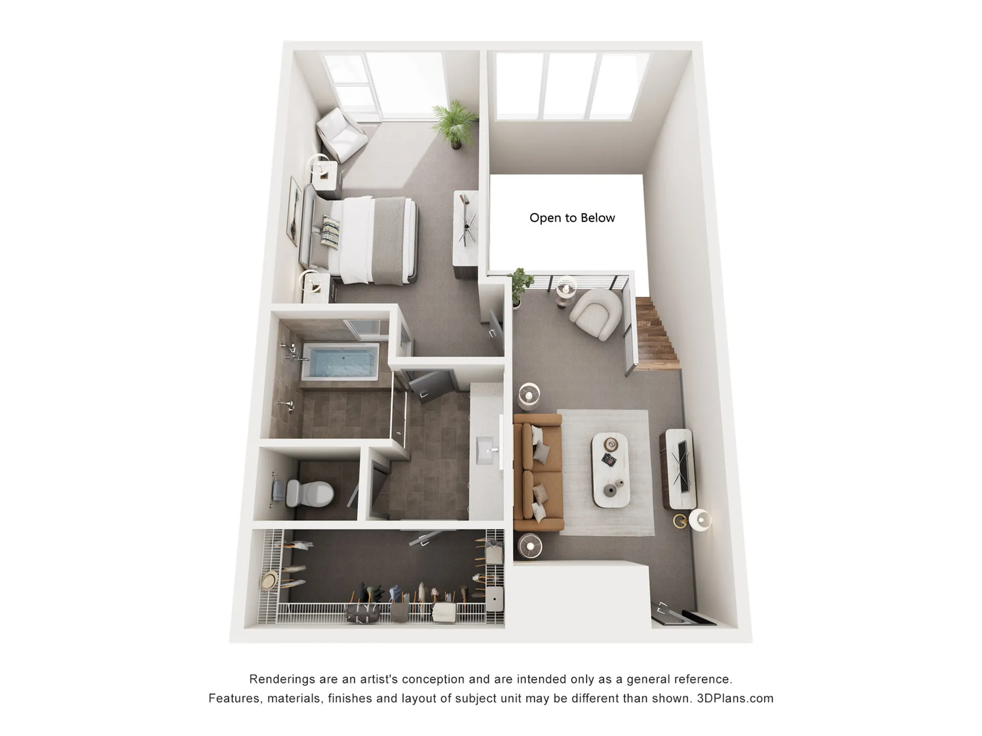 Chic 3D floor plan featuring a modern loft-style apartment with a cozy bedroom, spacious living room, and elegant kitchen area. The design includes a stylish bathroom and ample storage space.
