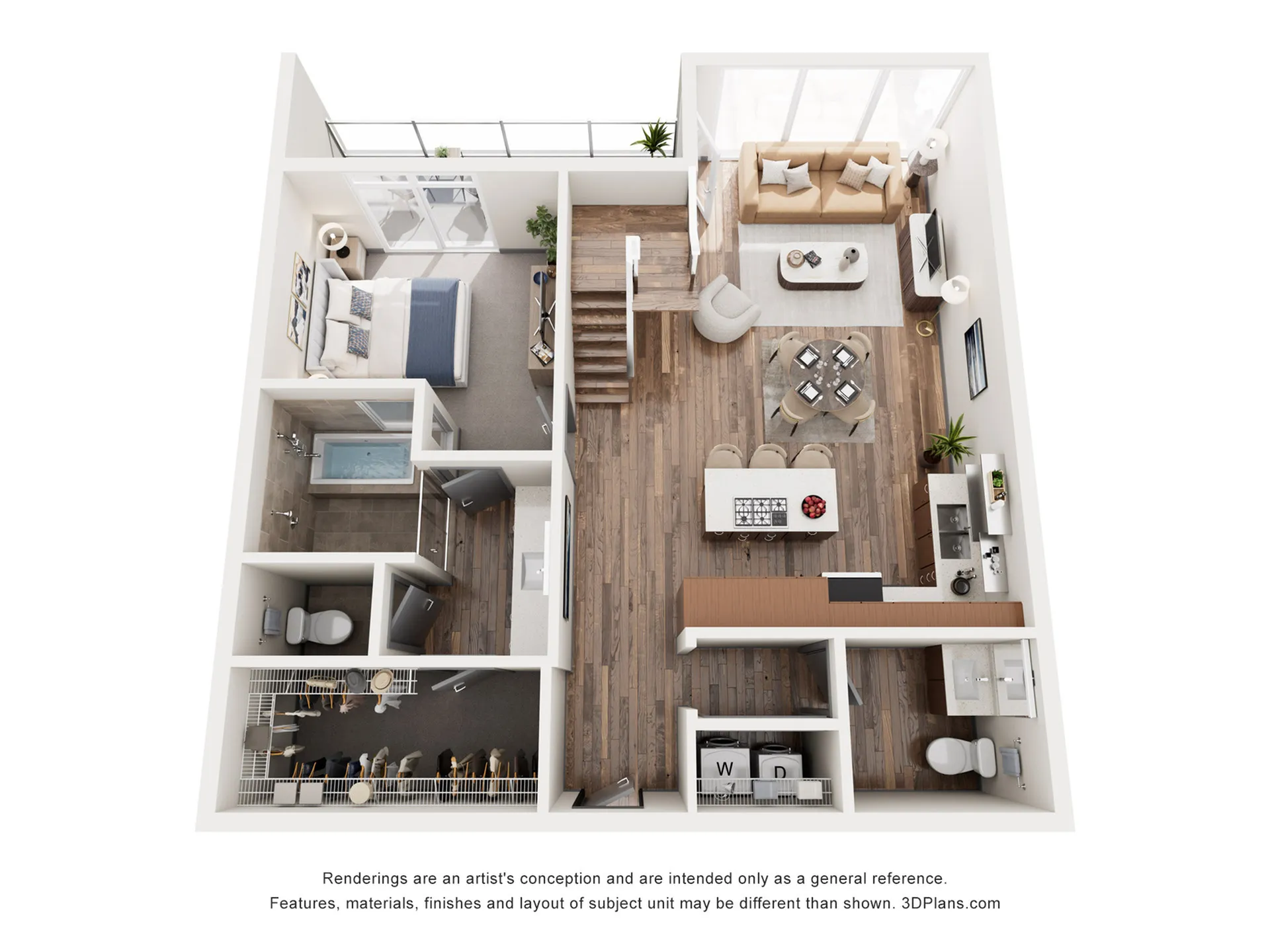 Modern 3D floor plan showcasing a cozy one-bedroom apartment with an open-concept living area, stylish kitchen, and private balcony access.