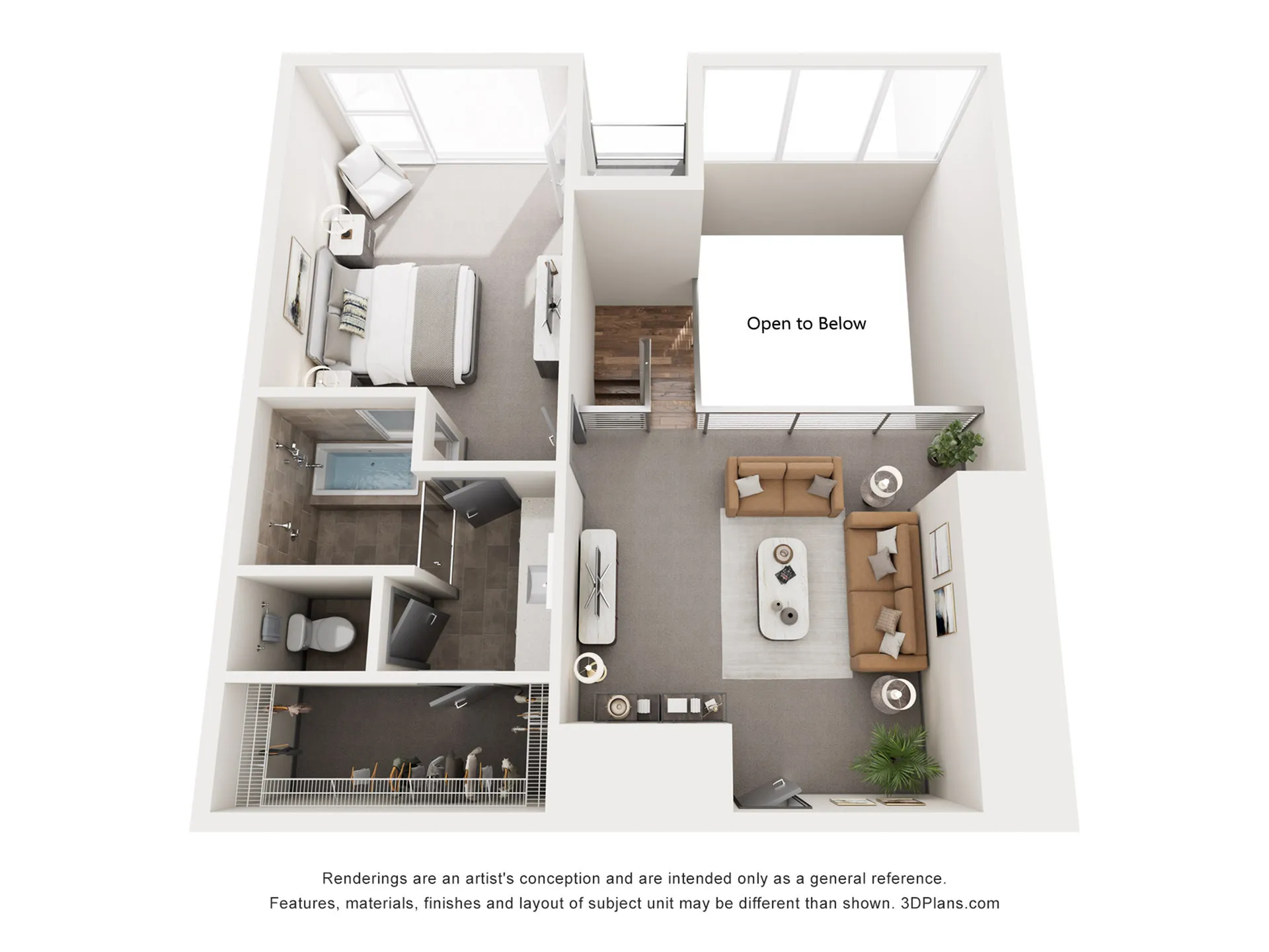 Contemporary 3D floor plan showcasing a stylish bedroom with en-suite bath, elegant living area, and open to below concept.