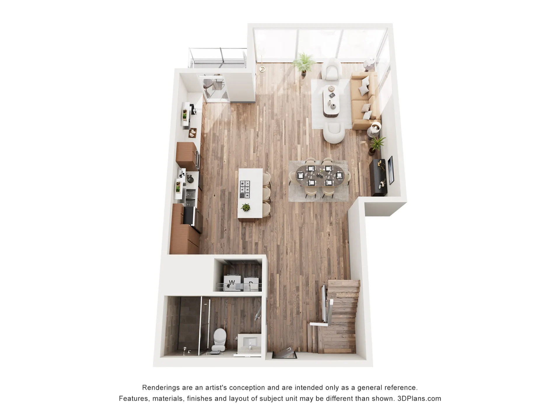 Contemporary open-plan living space featuring a stylish kitchen, dining area, and cozy living room with large windows, perfect for urban living.