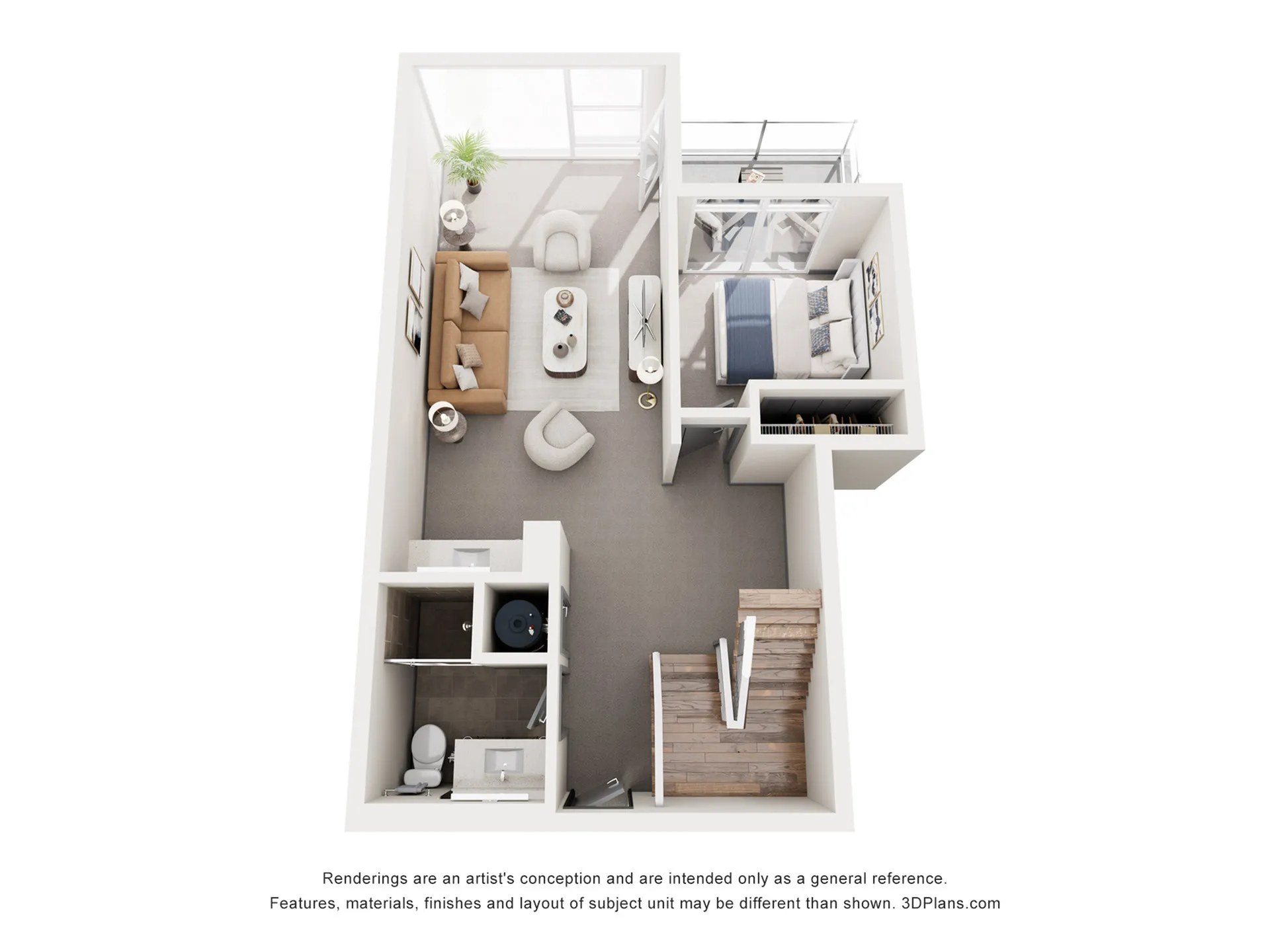 Chic 3D floor plan featuring a cozy living room, modern kitchenette, and inviting bedroom with a balcony.