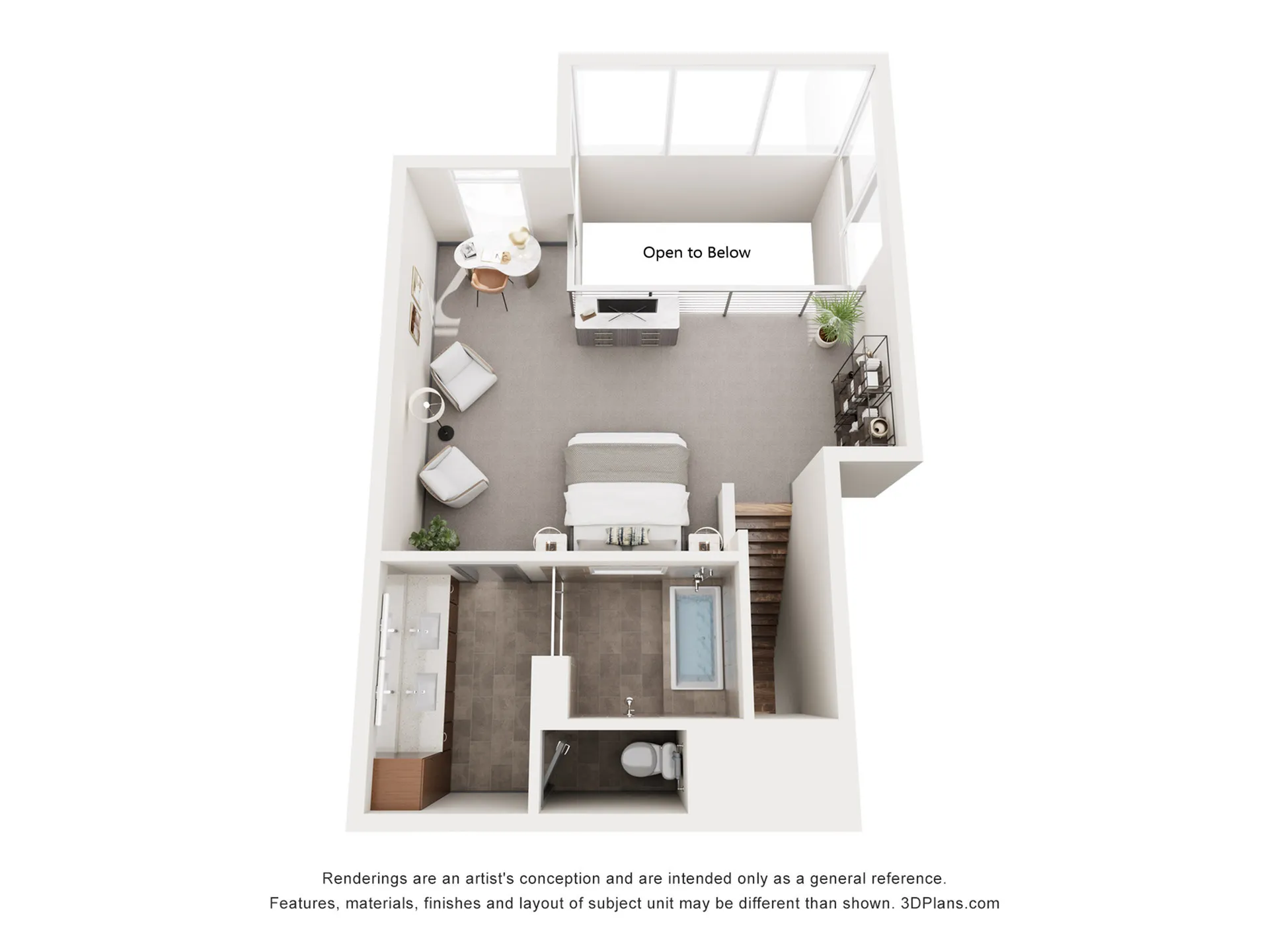 Modern studio loft floor plan with cozy living area, stylish bedroom, sleek kitchen, and elegant bathroom.
