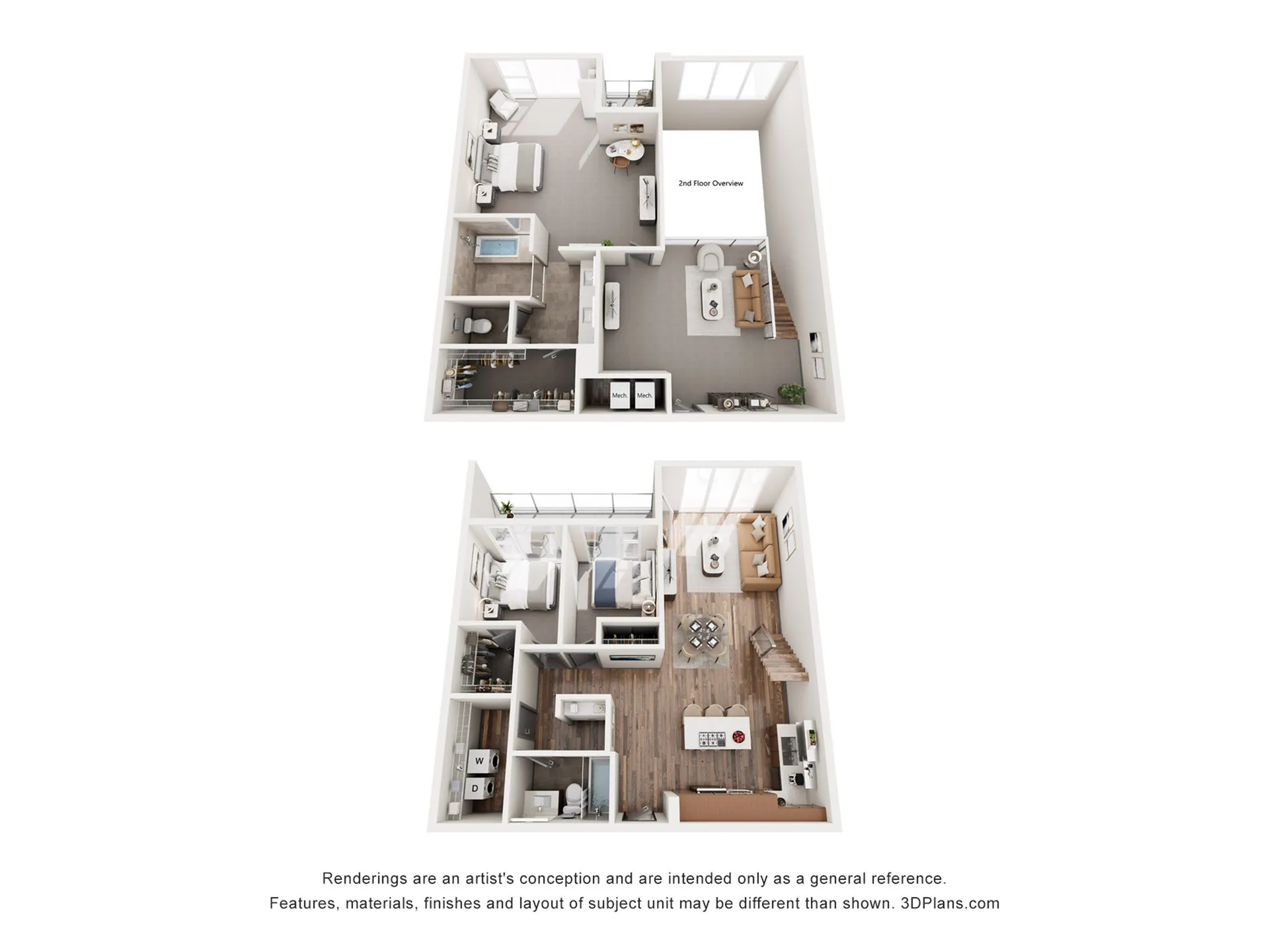 Contemporary 3D floor plan showcasing a modern two-bedroom, two-bathroom apartment with open living area and stylish kitchen, spread across two levels.