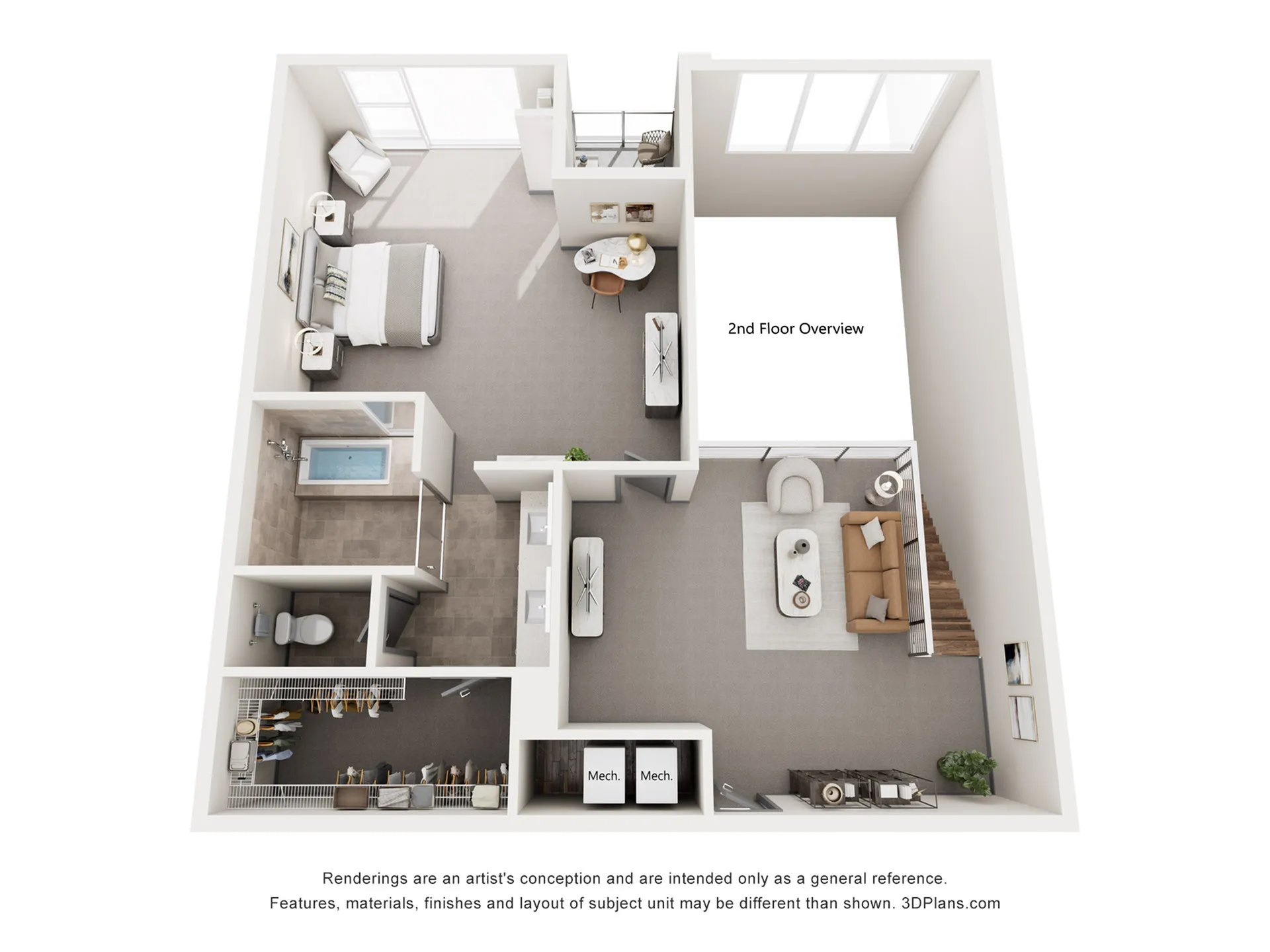 Modern 3D floor plan showcasing a spacious bedroom, elegant bathroom, open living area, and cozy kitchen on the 2nd floor.
