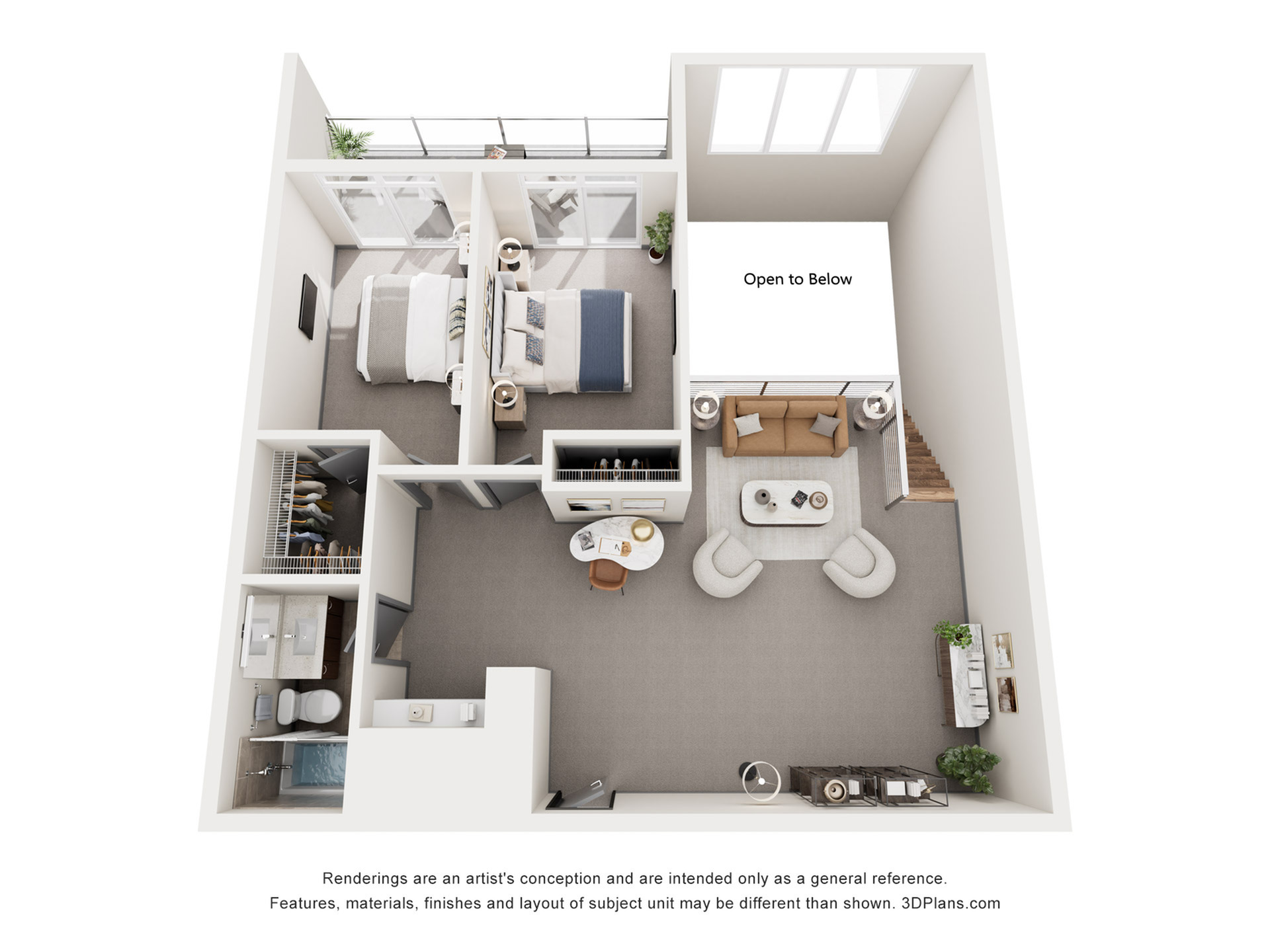 Chic 3D floor plan showcasing a modern two-bedroom loft with open living space, airy balcony, and sleek design elements.