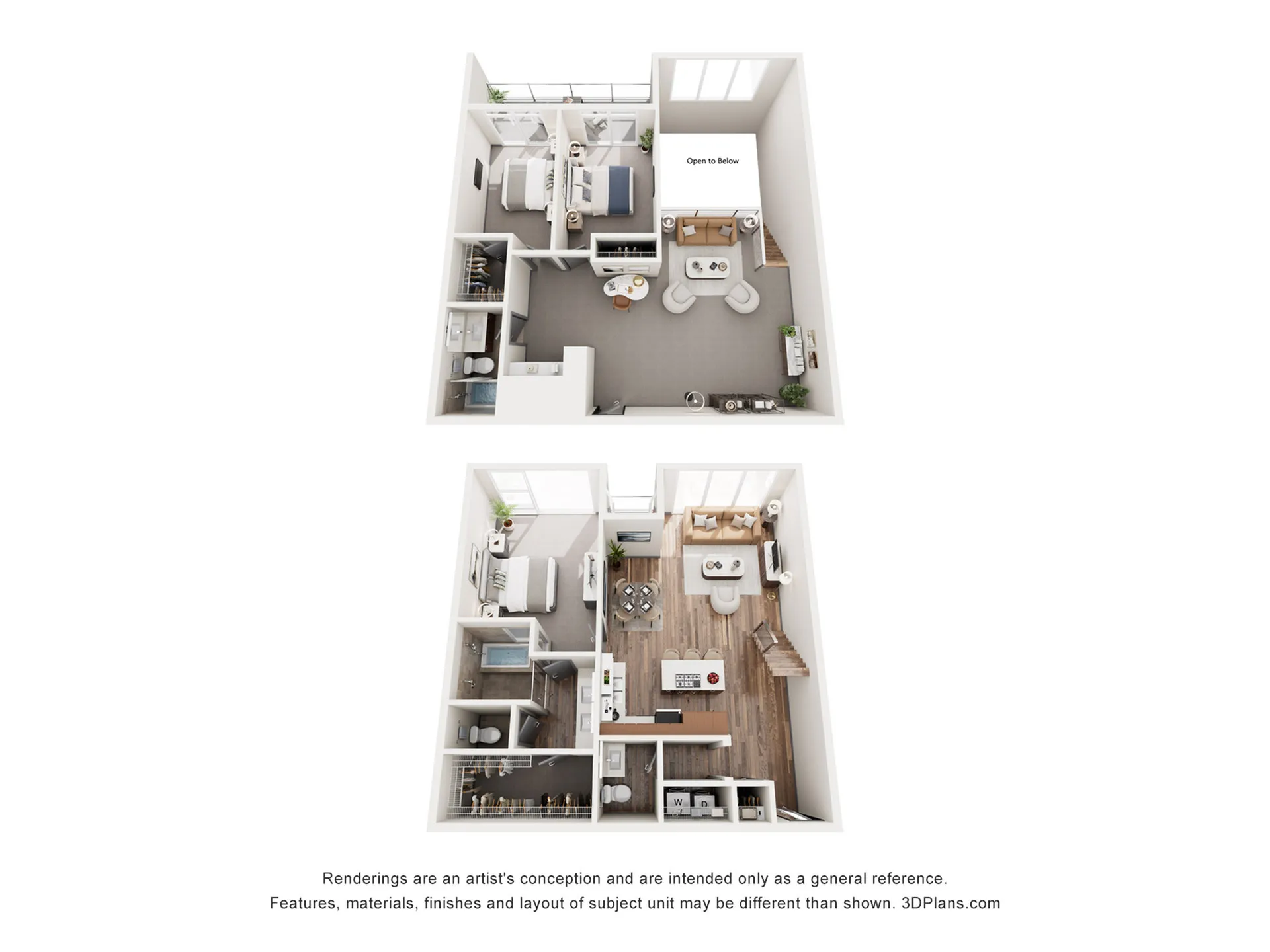 Elegant 3D floor plan showcasing a two-level apartment with 2 bedrooms, a chic open-concept living area, and a modern kitchen. Perfect blend of style and functionality.