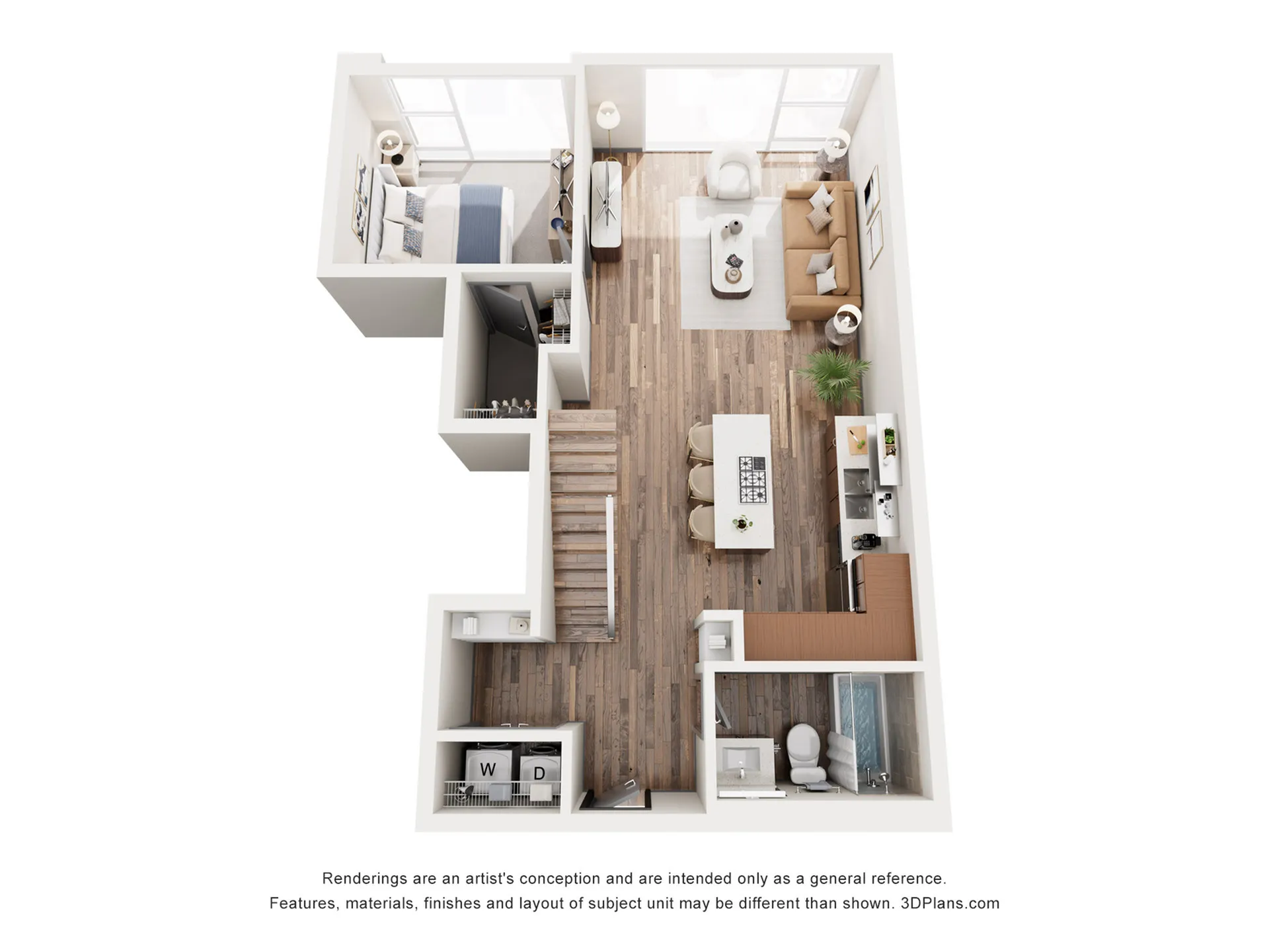 Modern 3D floor plan showcasing a sleek 1-bedroom apartment with an open-concept living area, gourmet kitchen, and elegant bathroom.