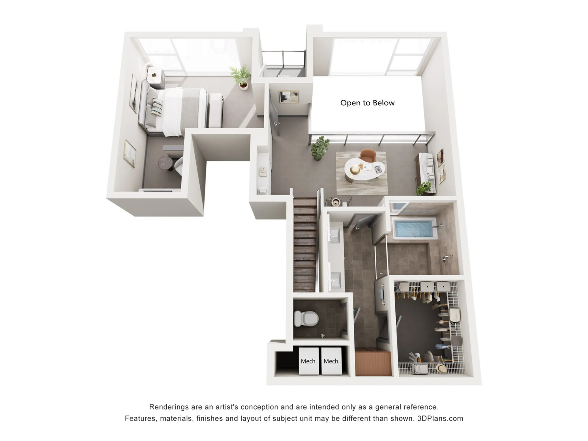 Contemporary 3D floor plan featuring a bright bedroom, elegant bathroom, chic living area with staircase, and strategic open-to-below space.
