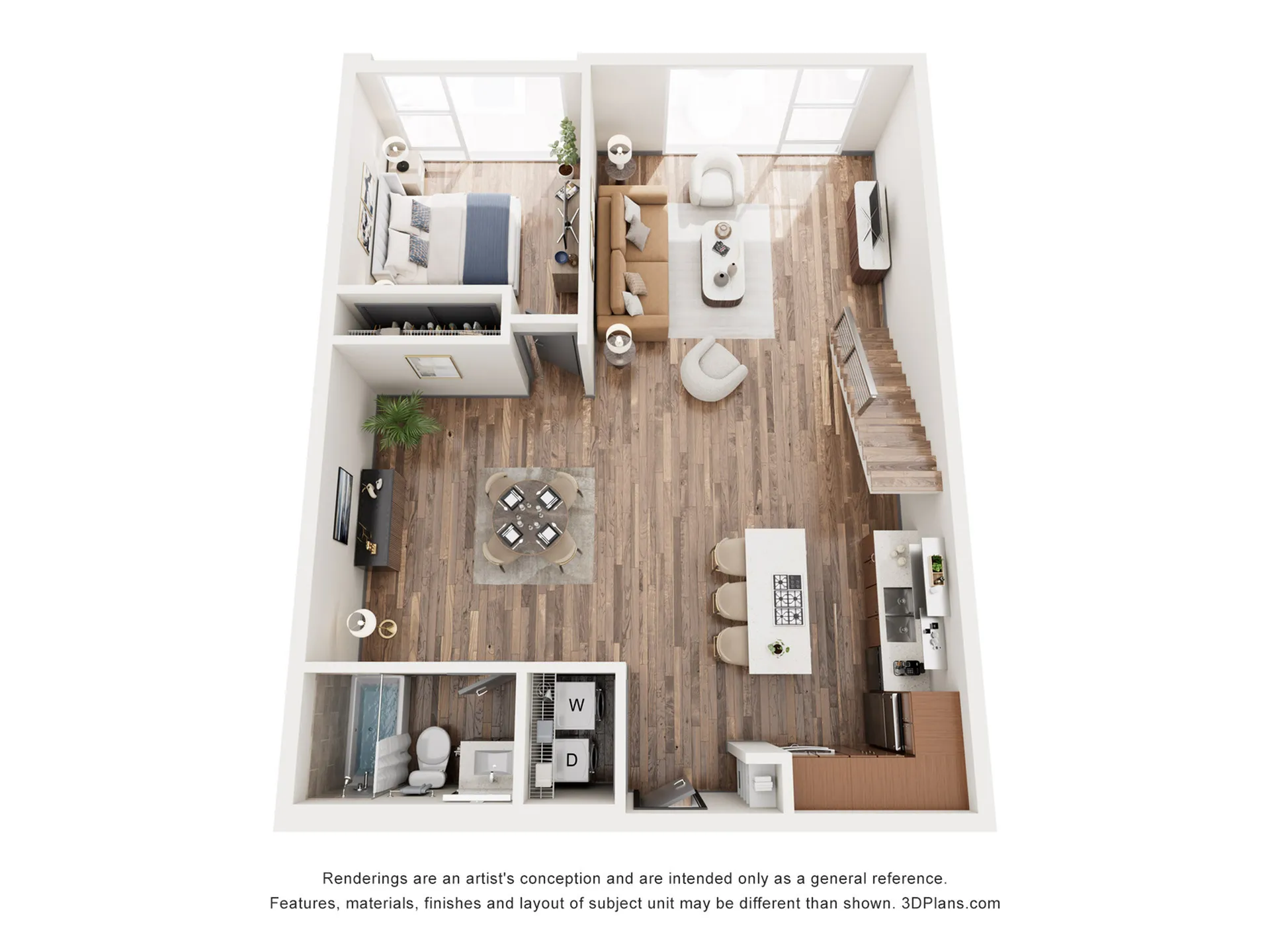 Modern 3D floor plan showcasing an elegant one-bedroom apartment with an open-concept living room, sleek kitchen, cozy dining area, and a stylish bathroom. Hardwood floors and contemporary furnishings enhance the bright and airy space.