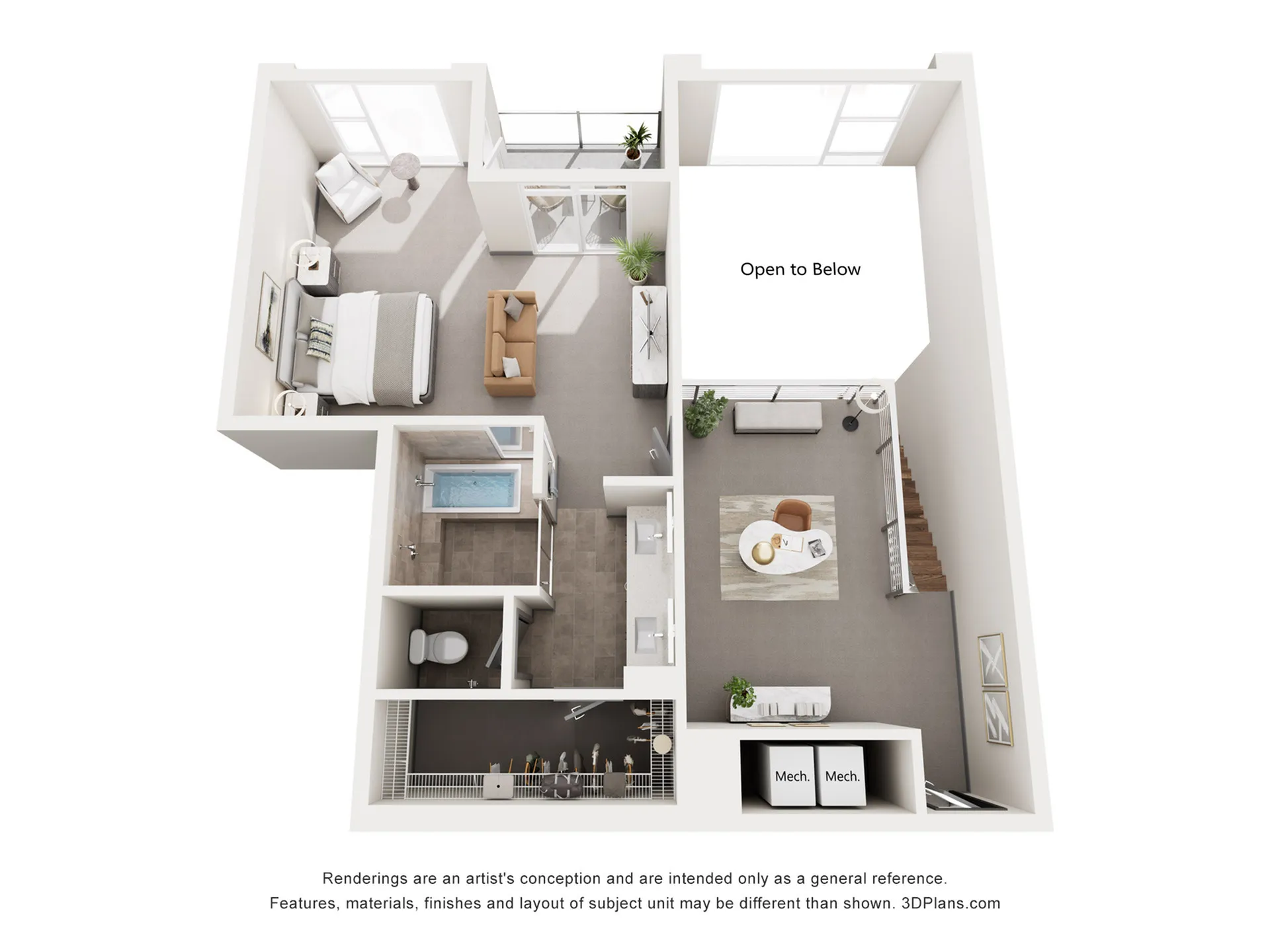 Elegant loft-style floor plan featuring a cozy bedroom, stylish bathroom, open-concept living area with large windows, and a balcony with scenic views.